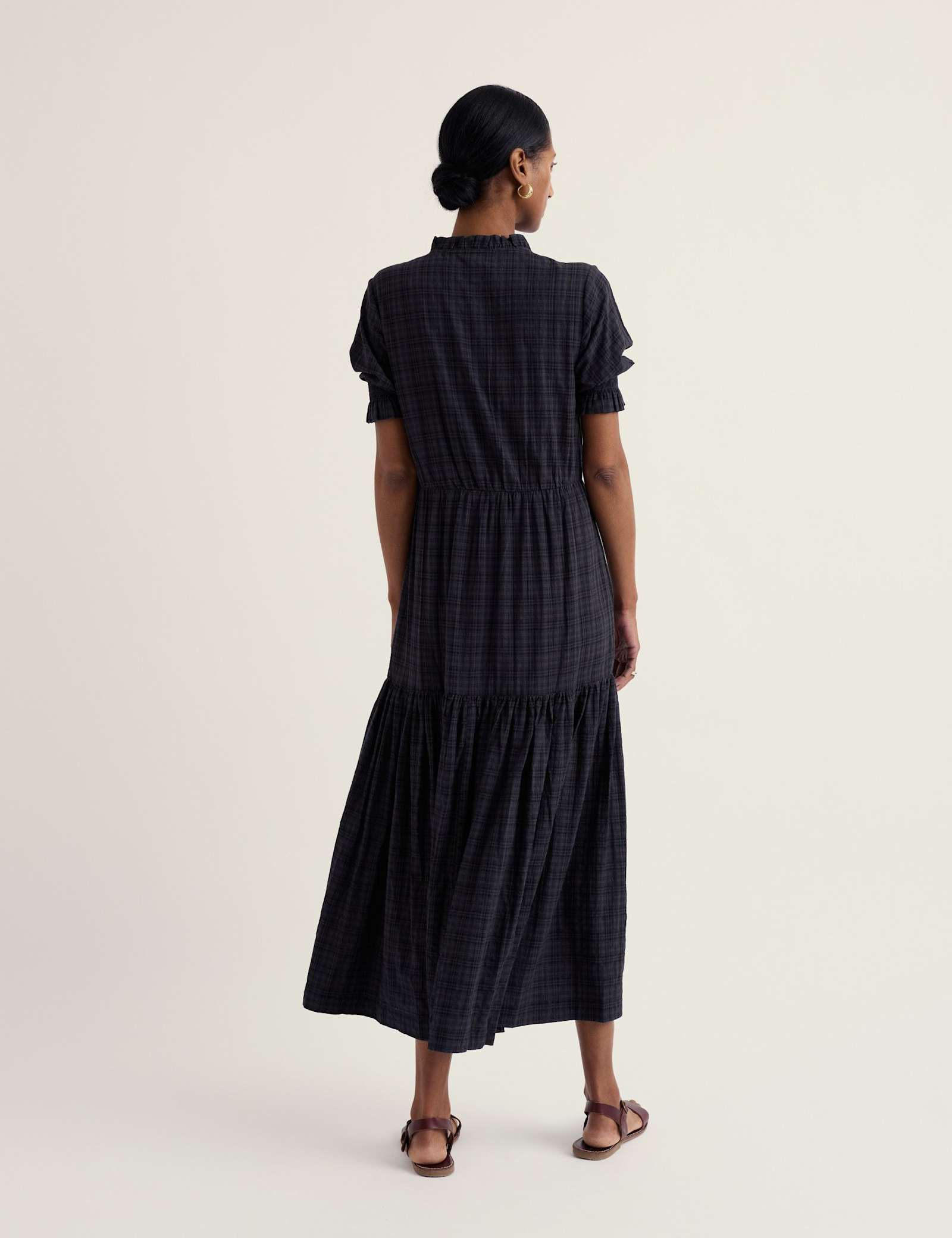 Cotton Rich Checked High Neck Midi Tiered Dress - image 3