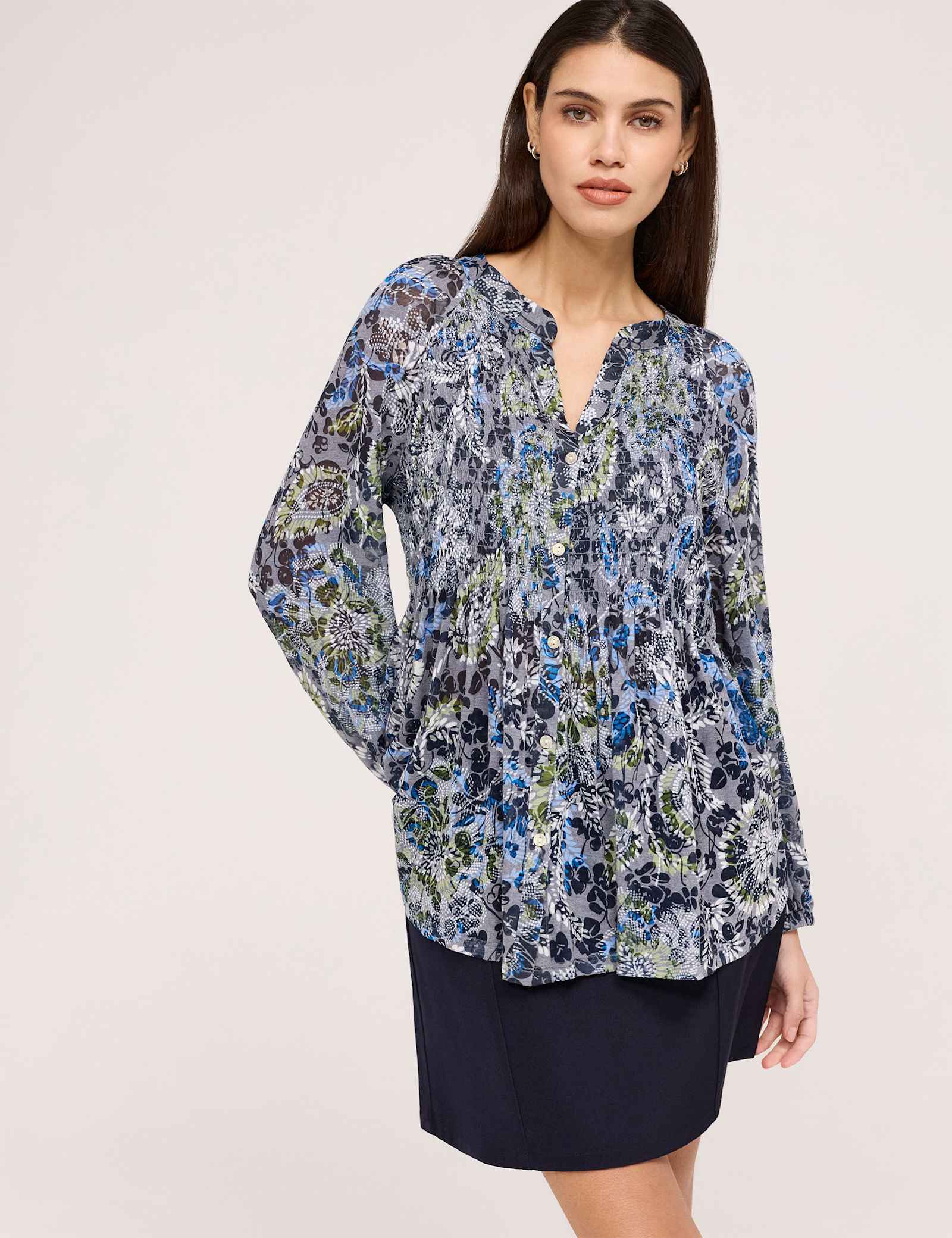 Jersey Floral Notch Neck Shirred Blouse - image 1