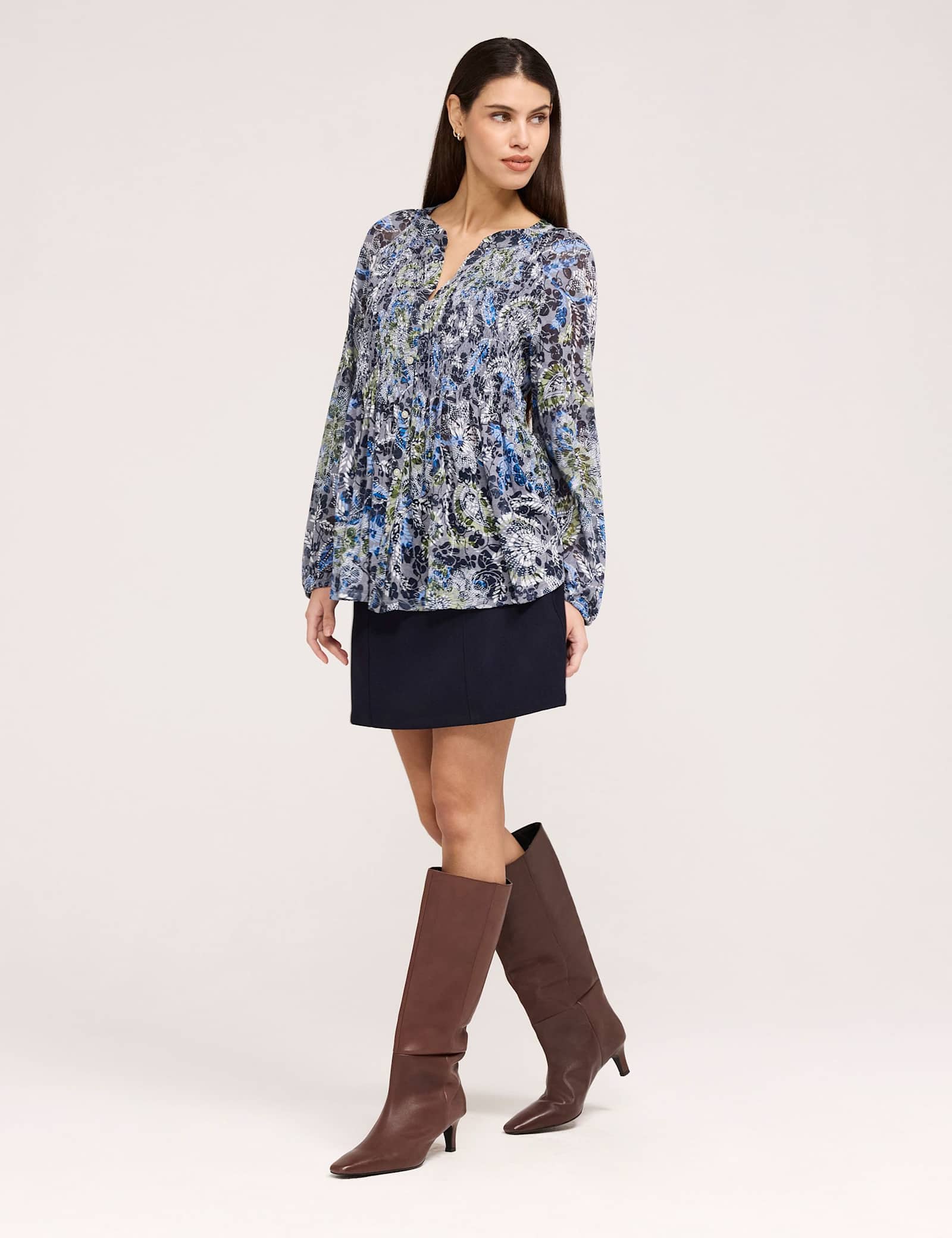 Jersey Floral Notch Neck Shirred Blouse - image 2
