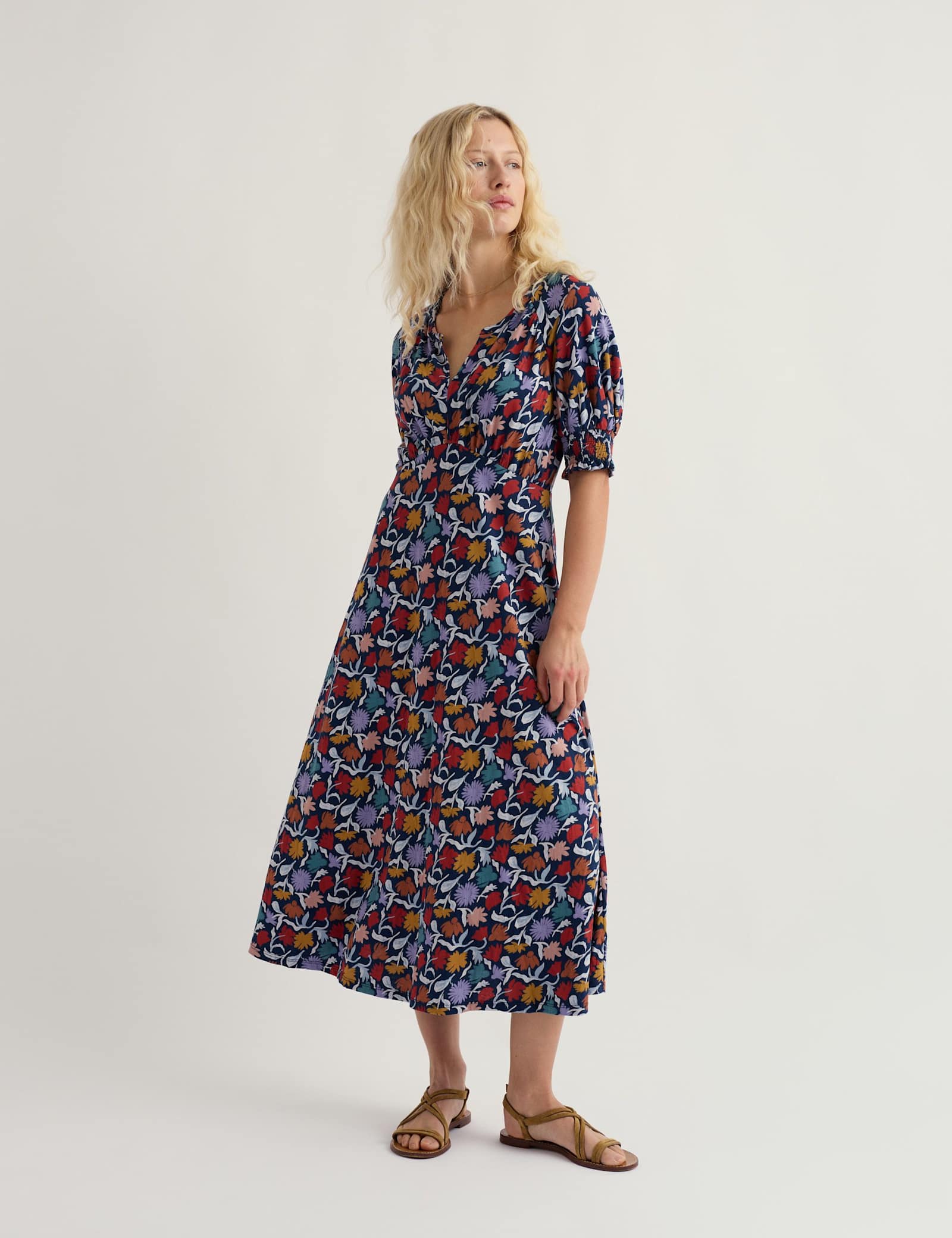 Cotton Rich Floral Notch Neck Midi Tea Dress - image 2
