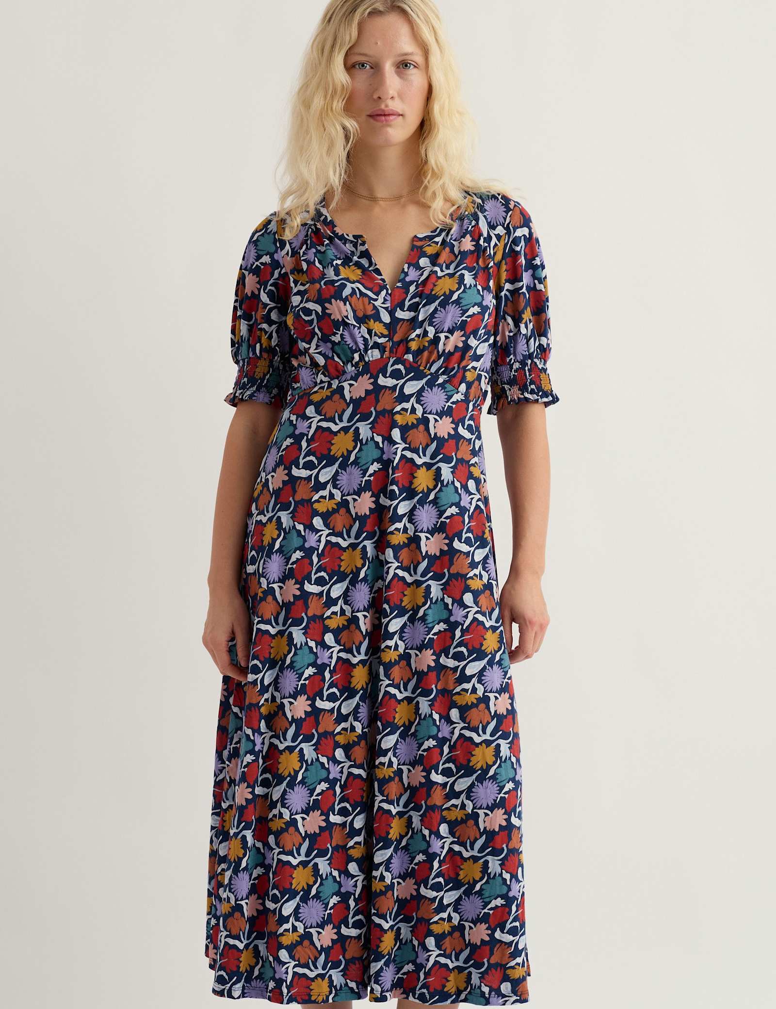 Cotton Rich Floral Notch Neck Midi Tea Dress - image 4
