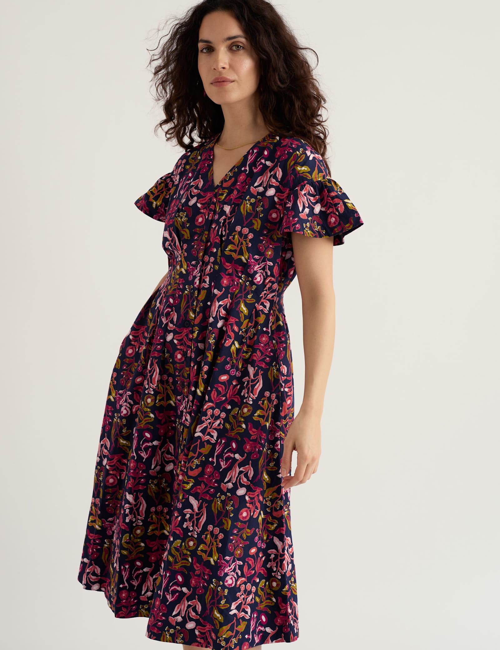 Pure Cotton Floral V-Neck Midi Tea Dress - image 5