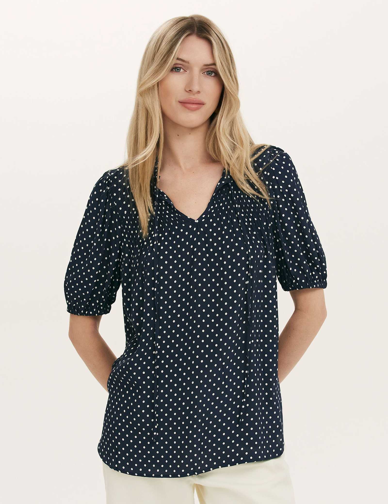 Polka Dot Puff Sleeve Tie Neck Blouse - image 1