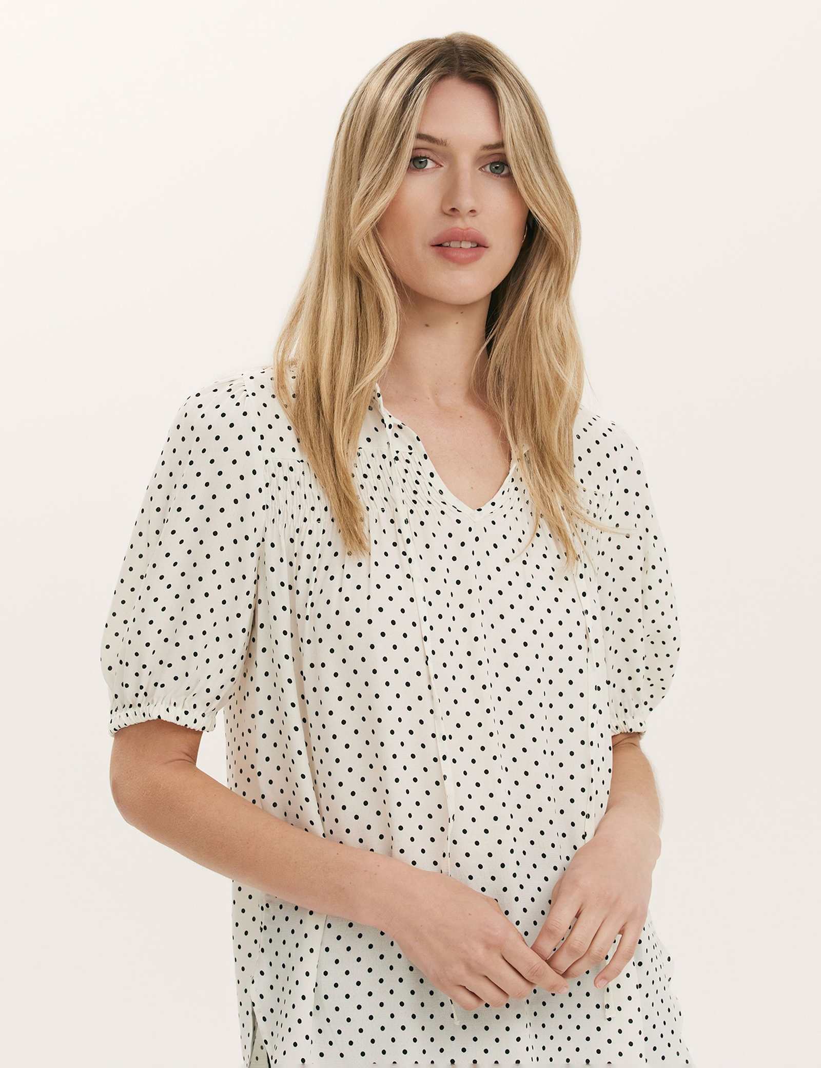Polka Dot Puff Sleeve Tie Neck Blouse - image 3