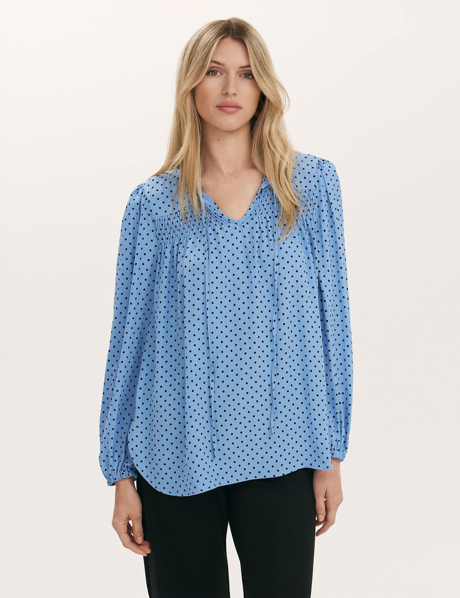 Crepe Polka Dot Tie Neck Blouse - image 1
