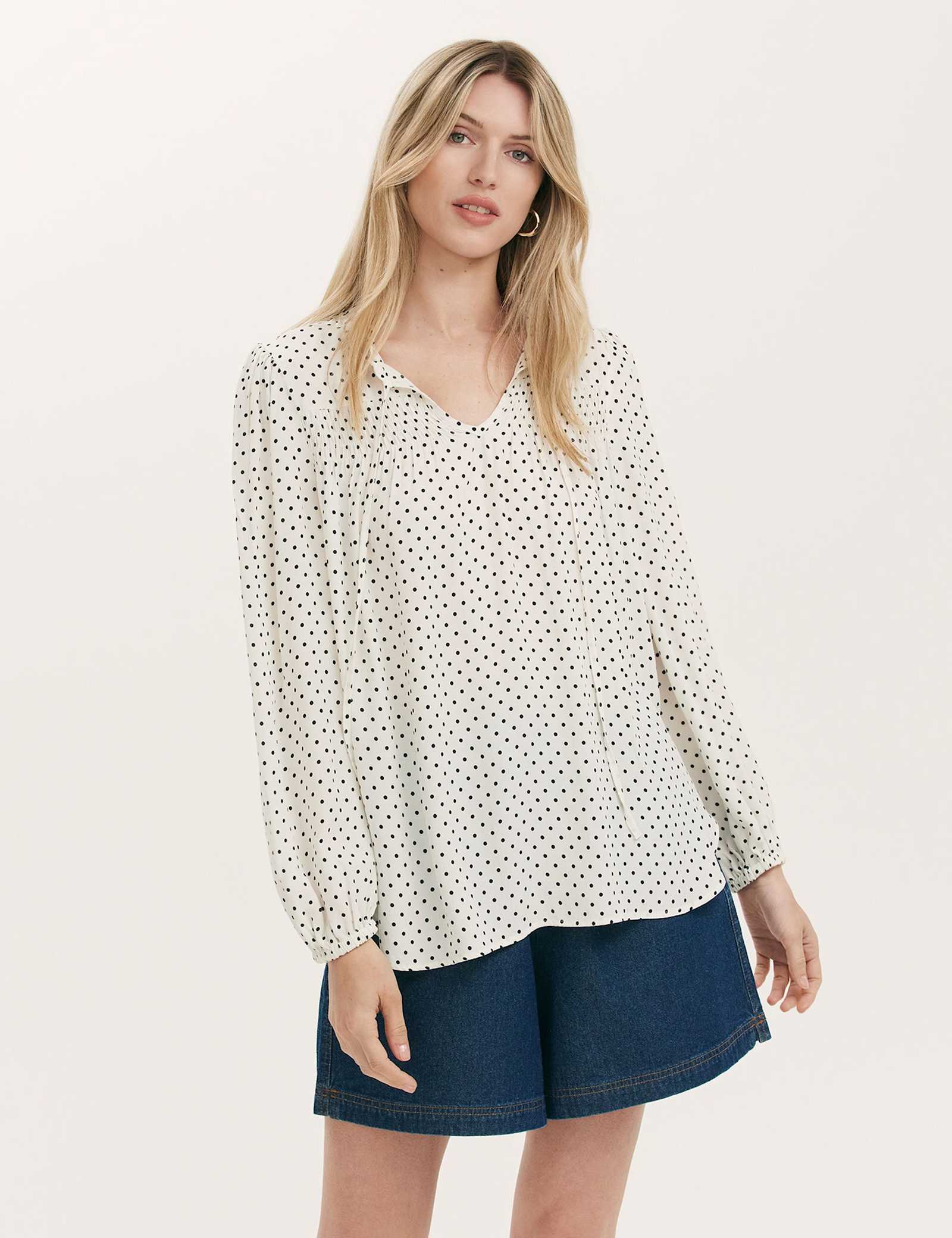 Crepe Polka Dot Tie Neck Blouse - image 2