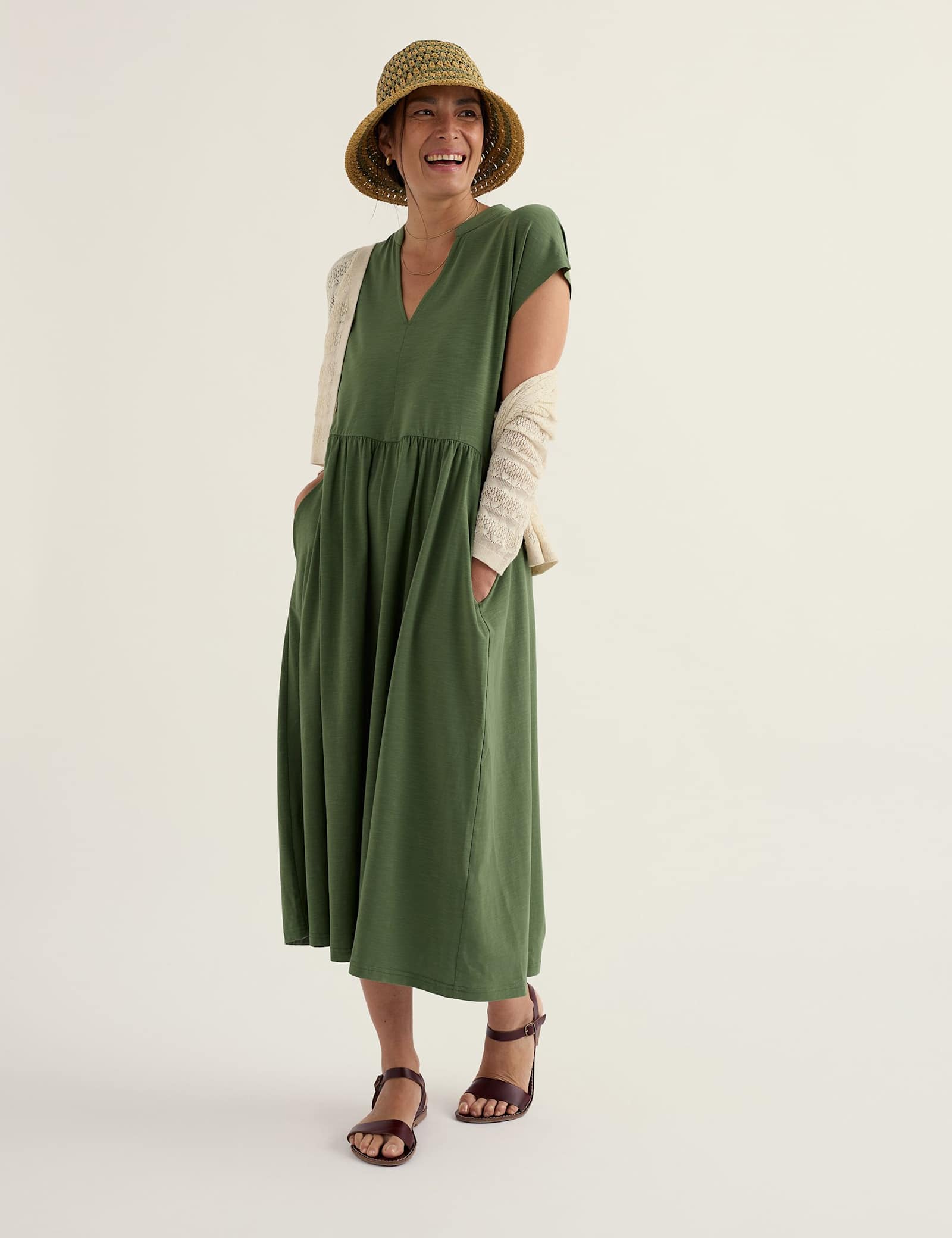 Cotton Rich Notch Neck Midi Waisted Dress - image 4