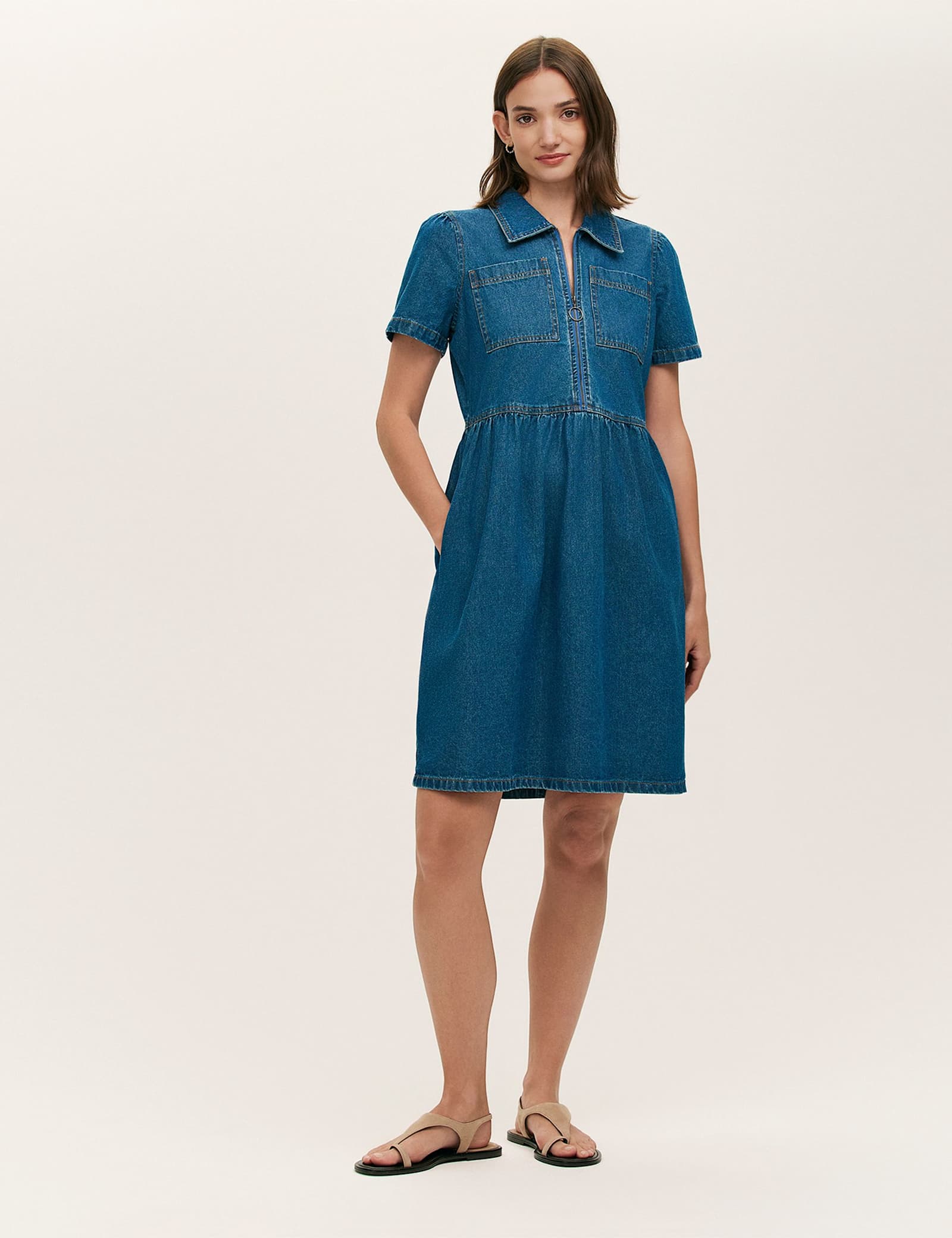 Denim Collared Knee Length Dress - image 1