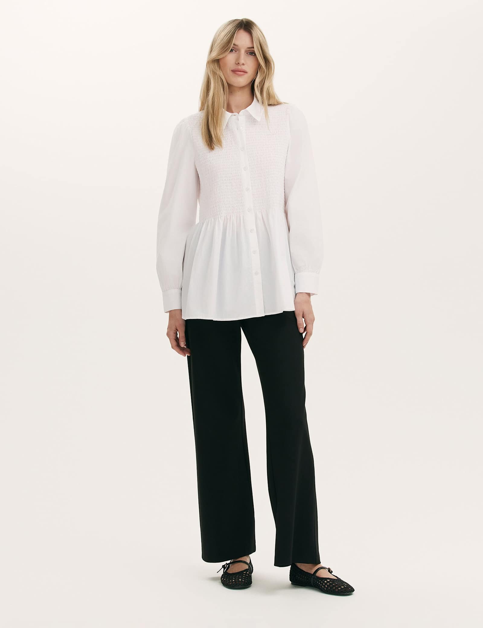 Pure Cotton Collared Shirred Detail Blouson Sleeve Shirt - image 3