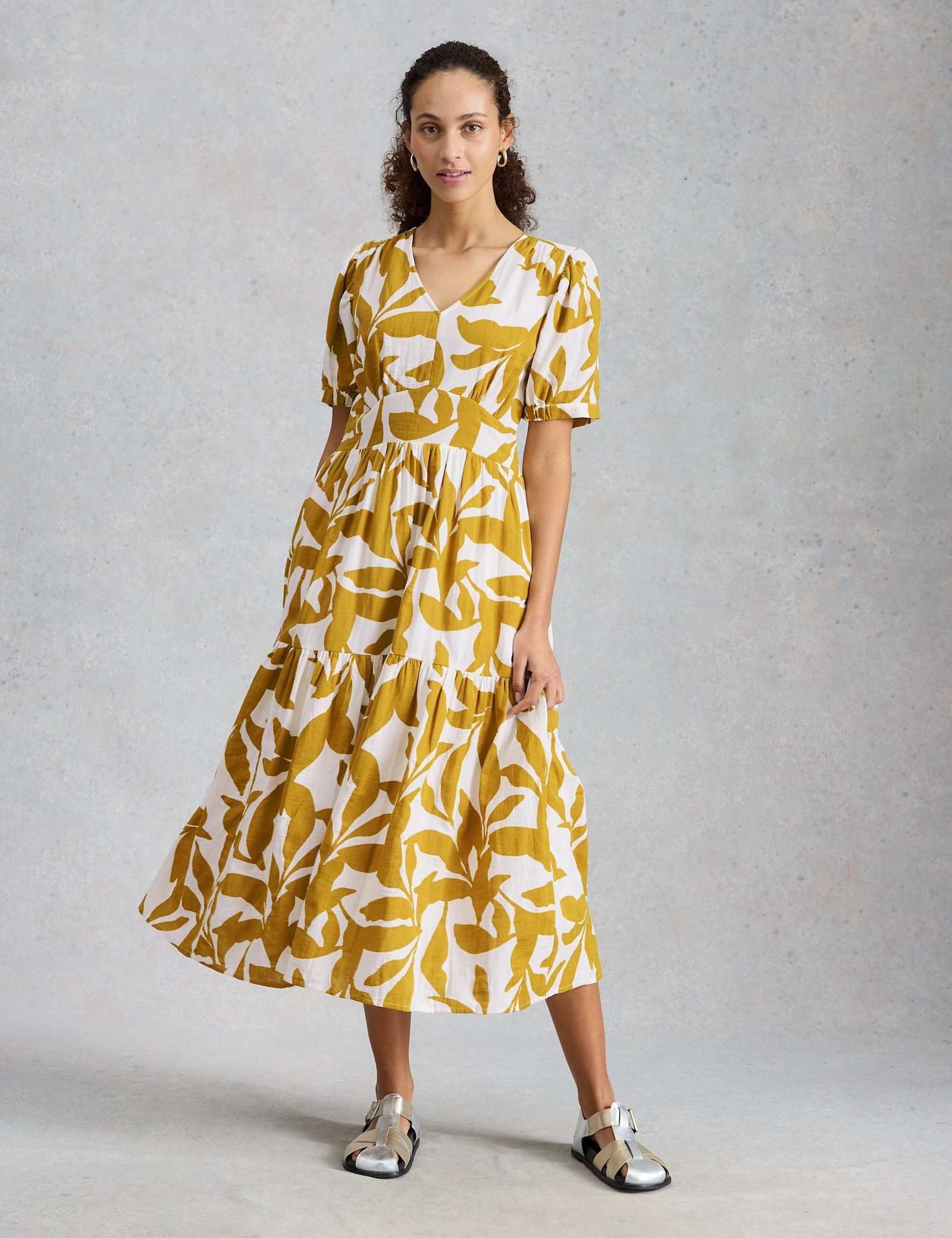 Pure Cotton Floral V-Neck Midi Tiered Dress - image 2