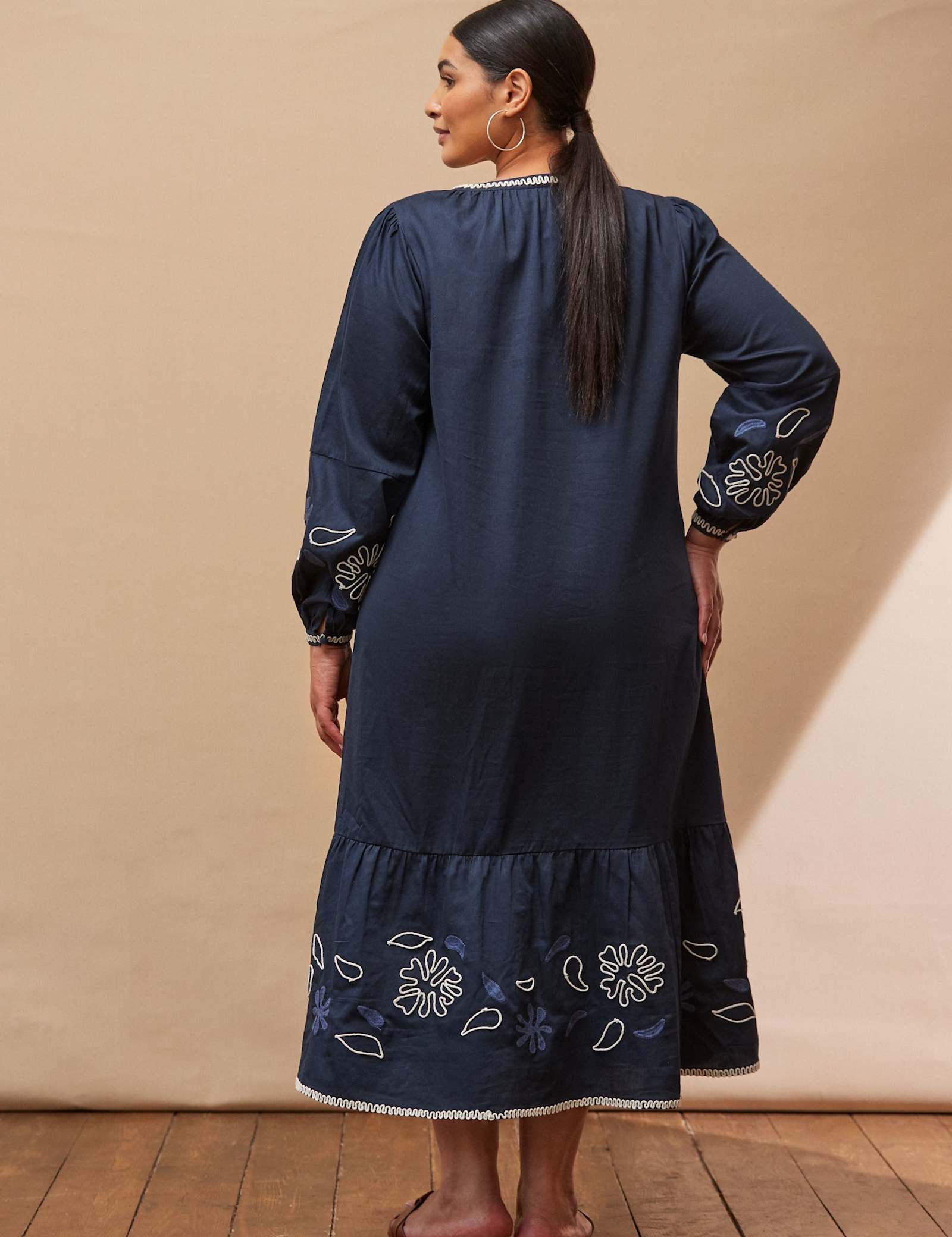 Cotton Rich Embroidered V-Neck Midaxi Waisted Dress - image 3