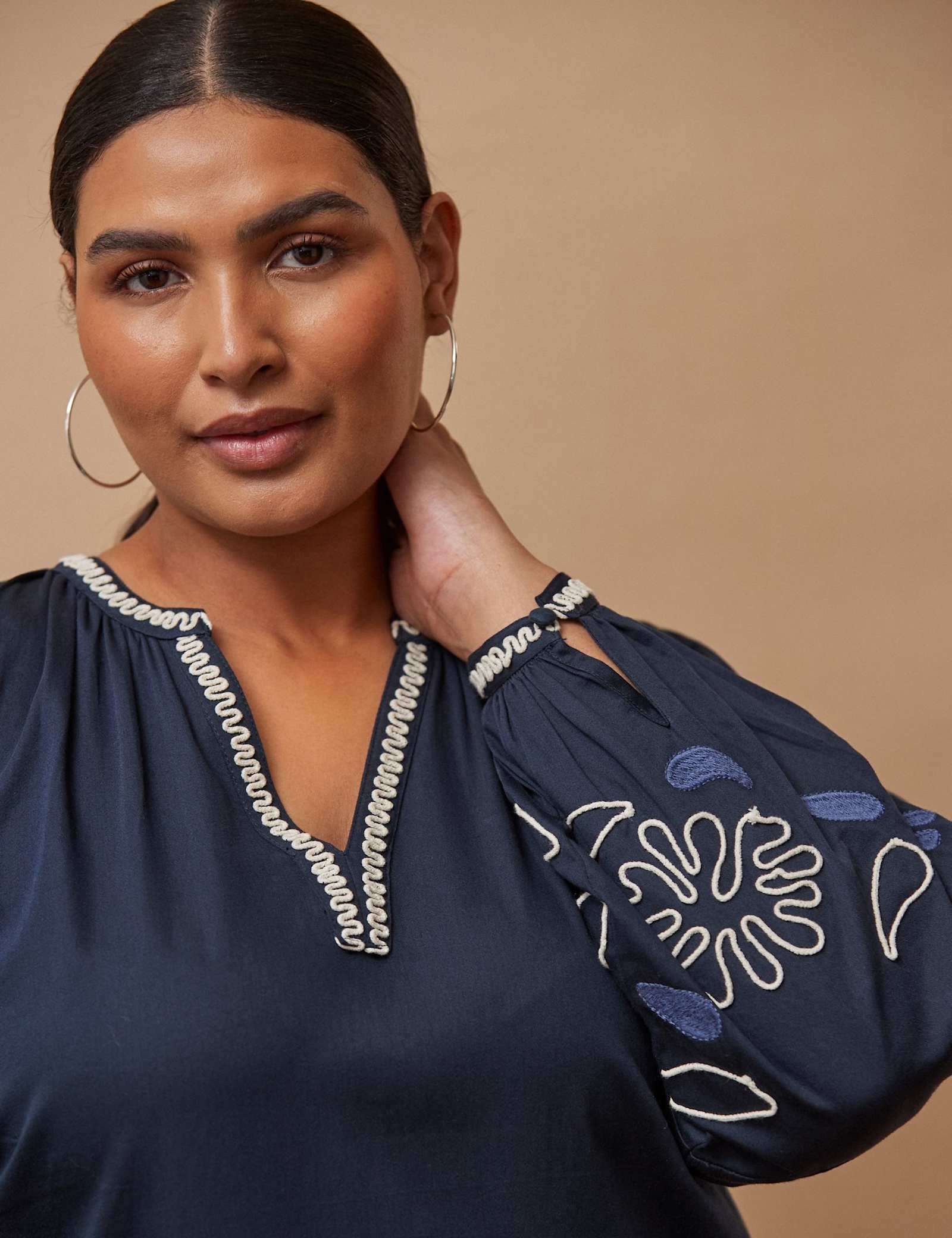 Cotton Rich Embroidered V-Neck Midaxi Waisted Dress - image 2
