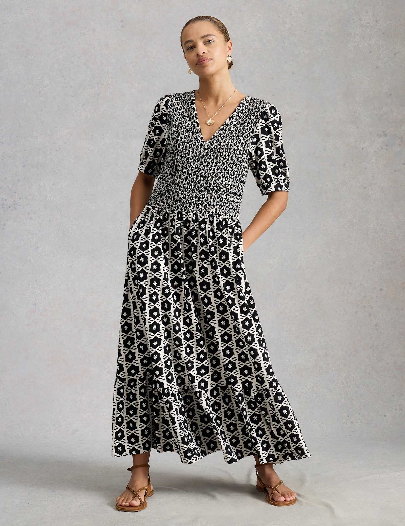 Jersey Geometric Midi Shirred Dress - image 2