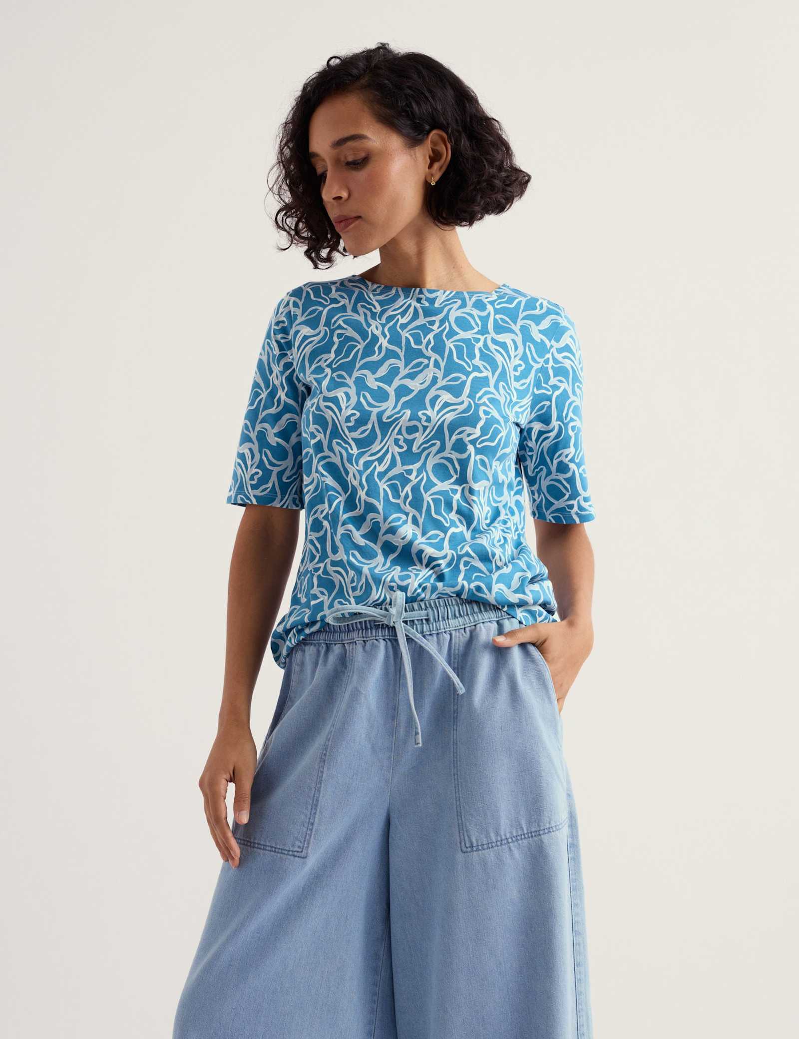 Pure Cotton Printed Slash Neck T-Shirt - image 5
