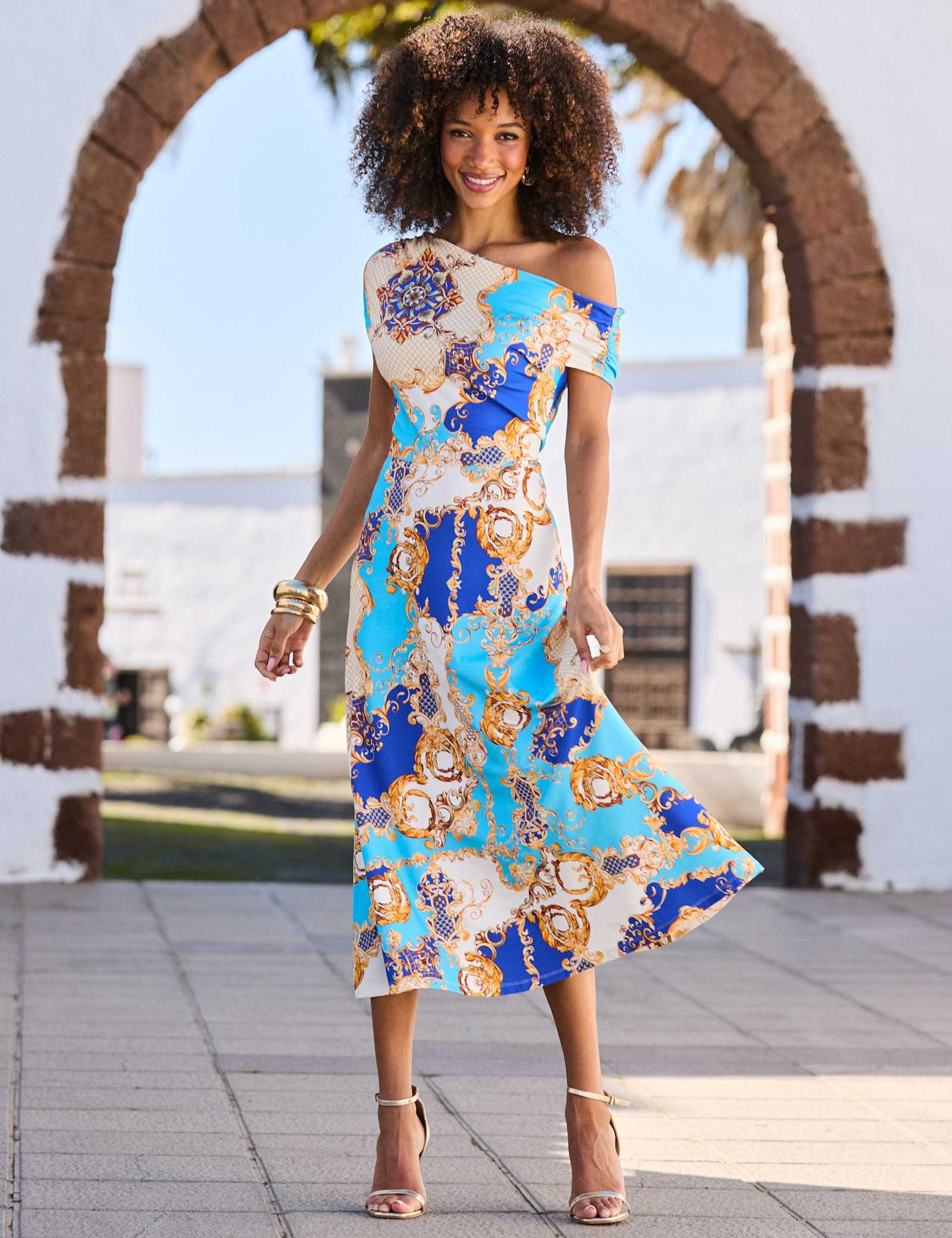 Printed One Shoulder Midi Dress - image 1