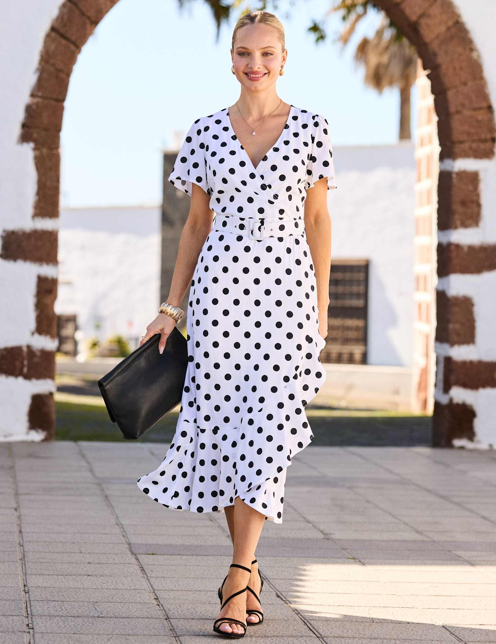 Polka Dot V-Neck Belted Midi Wrap Dress - image 1