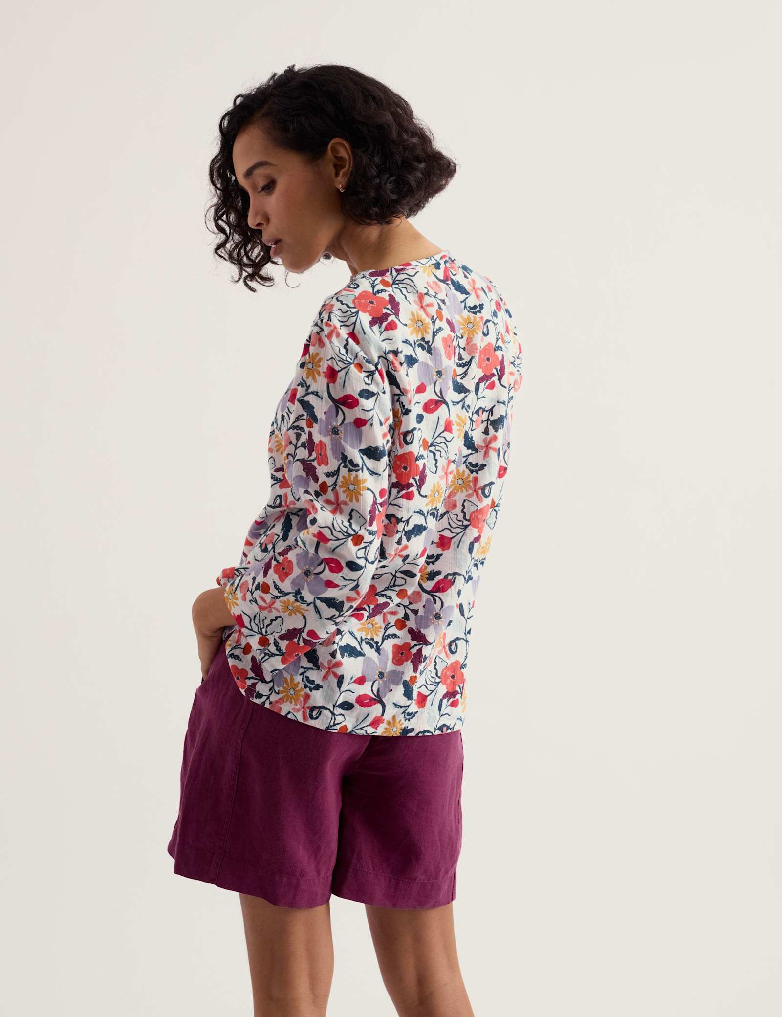 Pure Cotton Floral Notch Neck 3/4 Sleeve Top - image 3