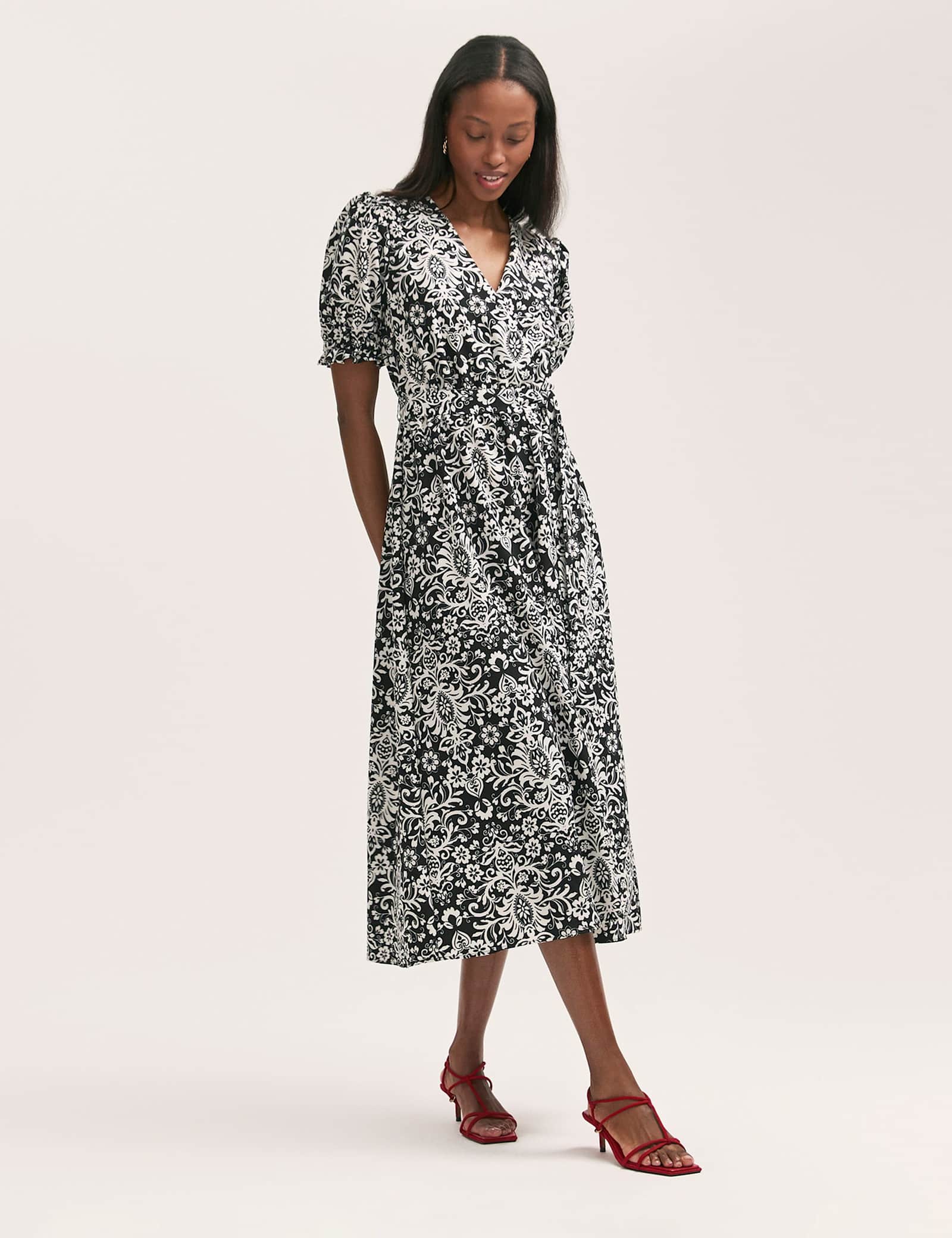 Crepe Printed V-Neck Belted Midi Tea Dress - image 1