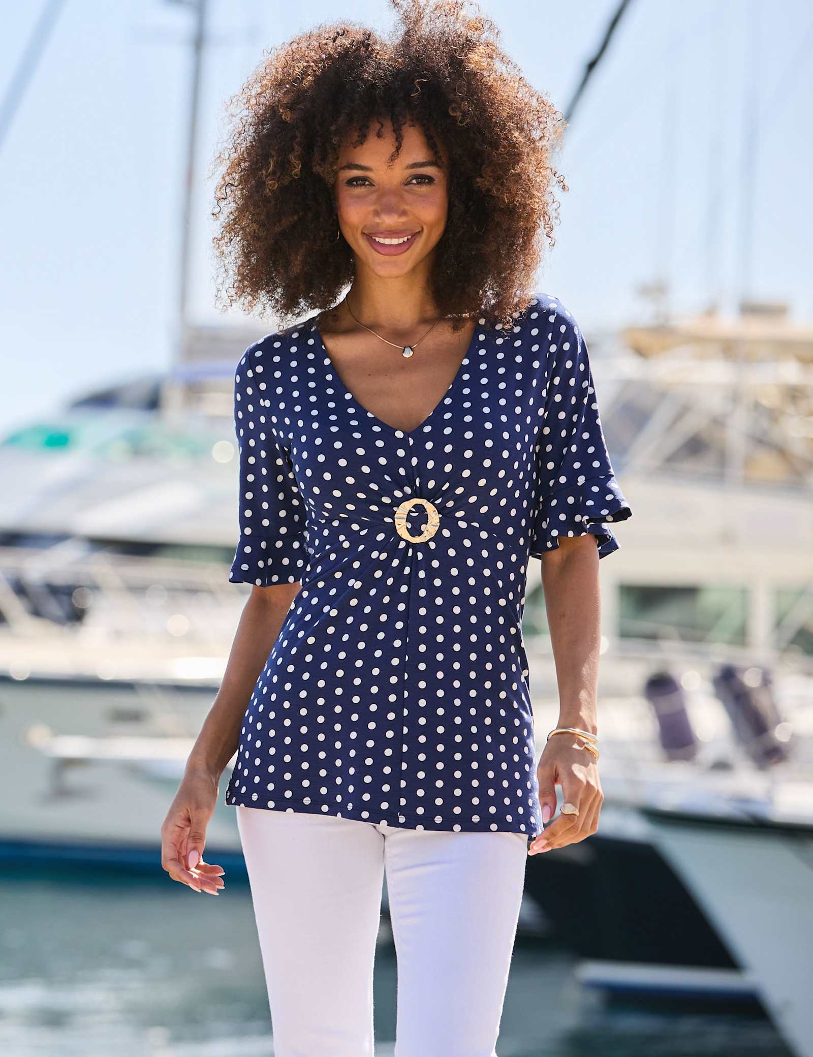 Polka Dot V-Neck Ring Detail Tunic - image 1