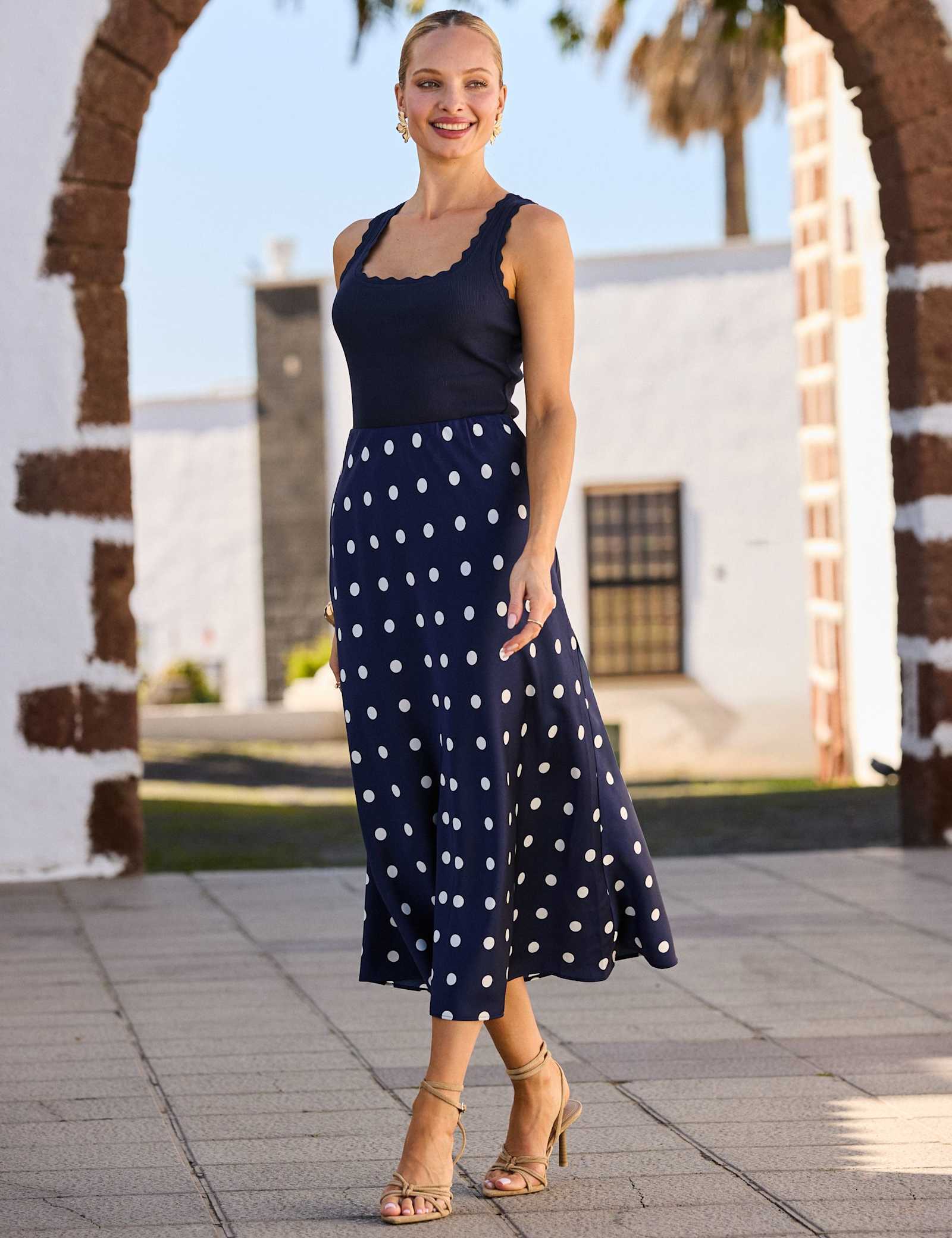Satin Spot Print Midi A-Line Skirt - image 1