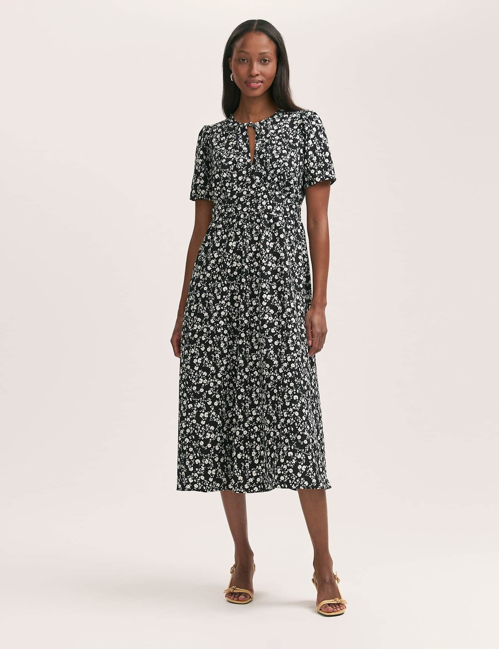 Crepe Floral Tie Neck Midi Tiered Tea Dress - image 1