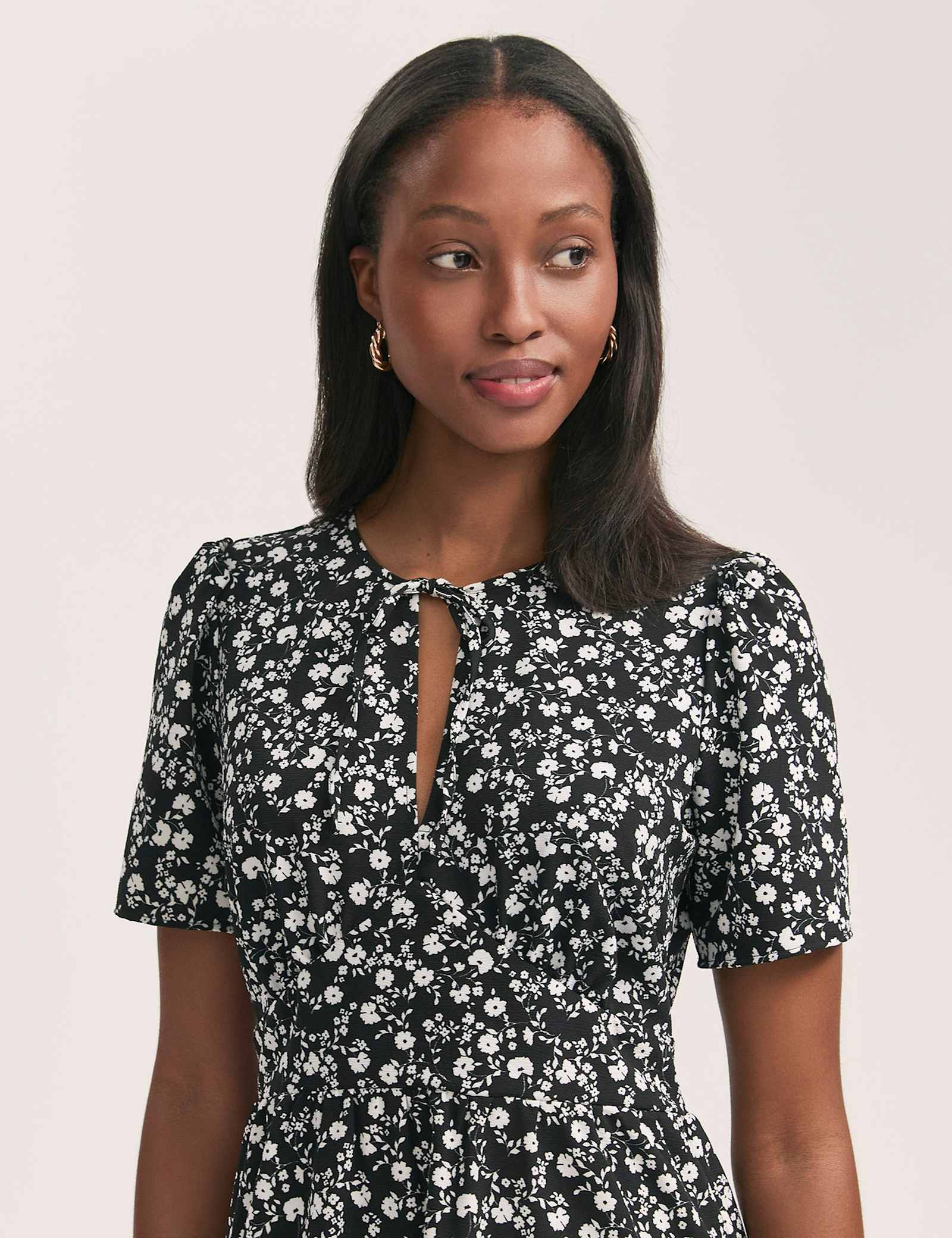 Crepe Floral Tie Neck Midi Tiered Tea Dress - image 3