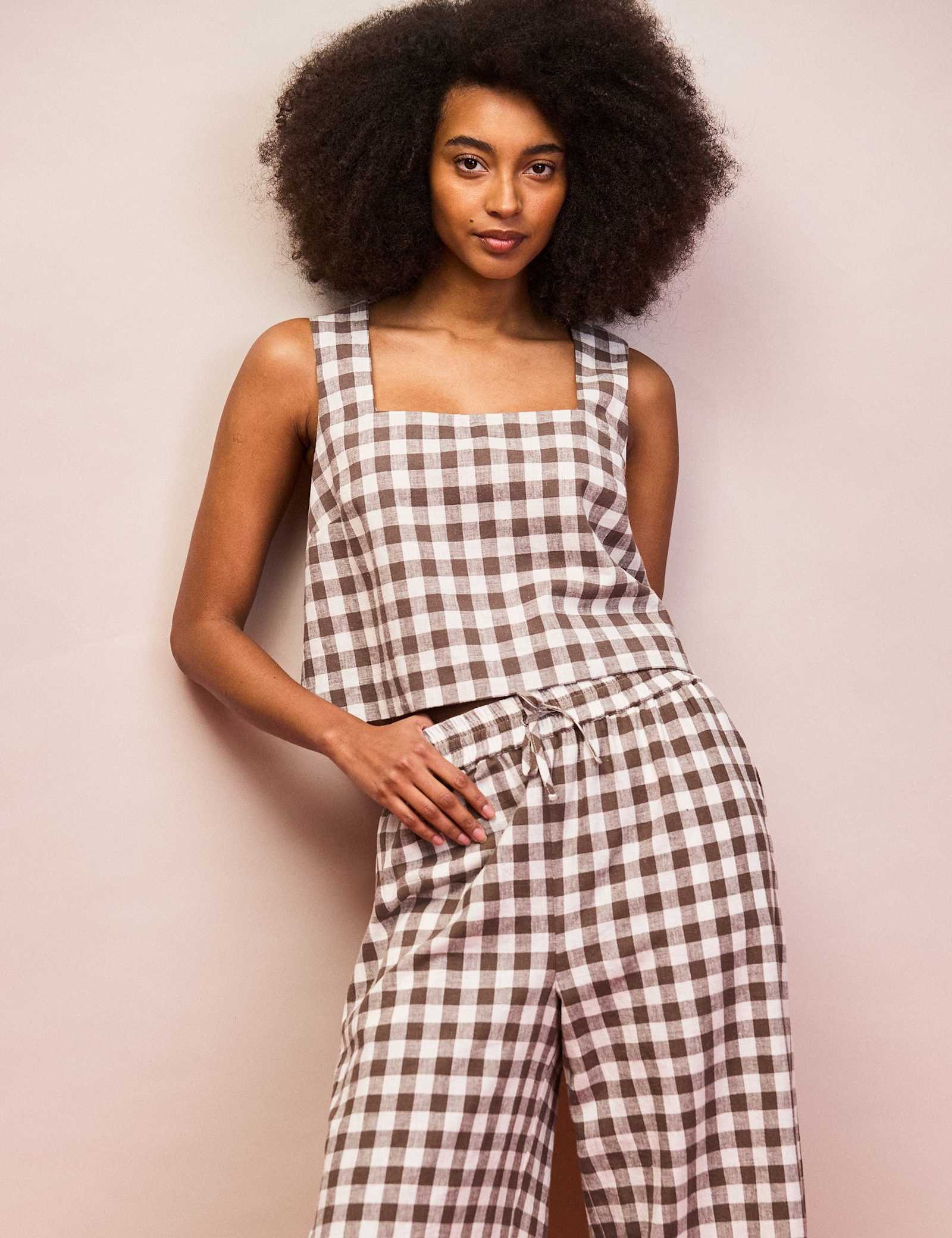 Cotton Linen Gingham Square Neck Vest Top - image 1