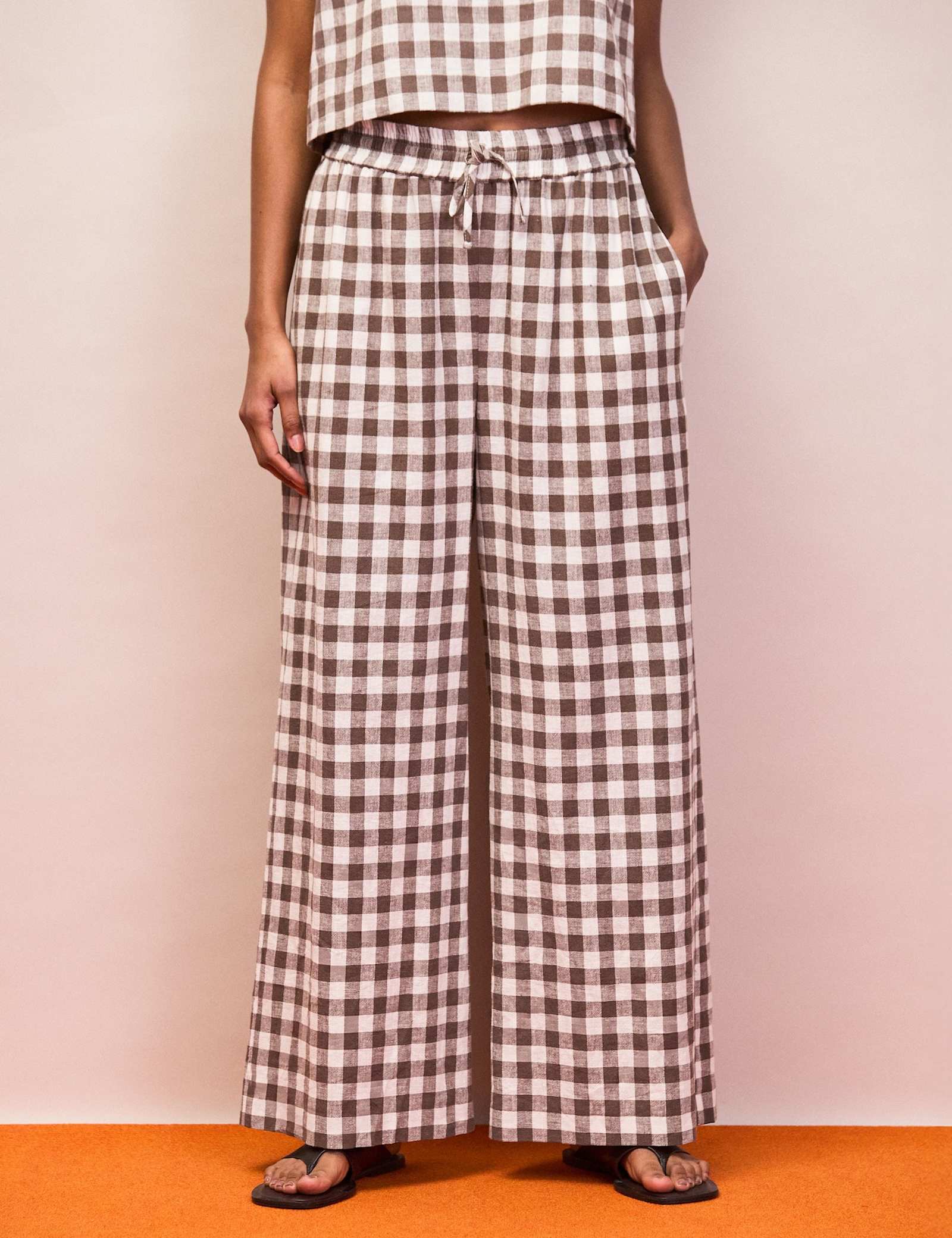 Cotton Linen Blend Gingham Casual Trousers - image 3