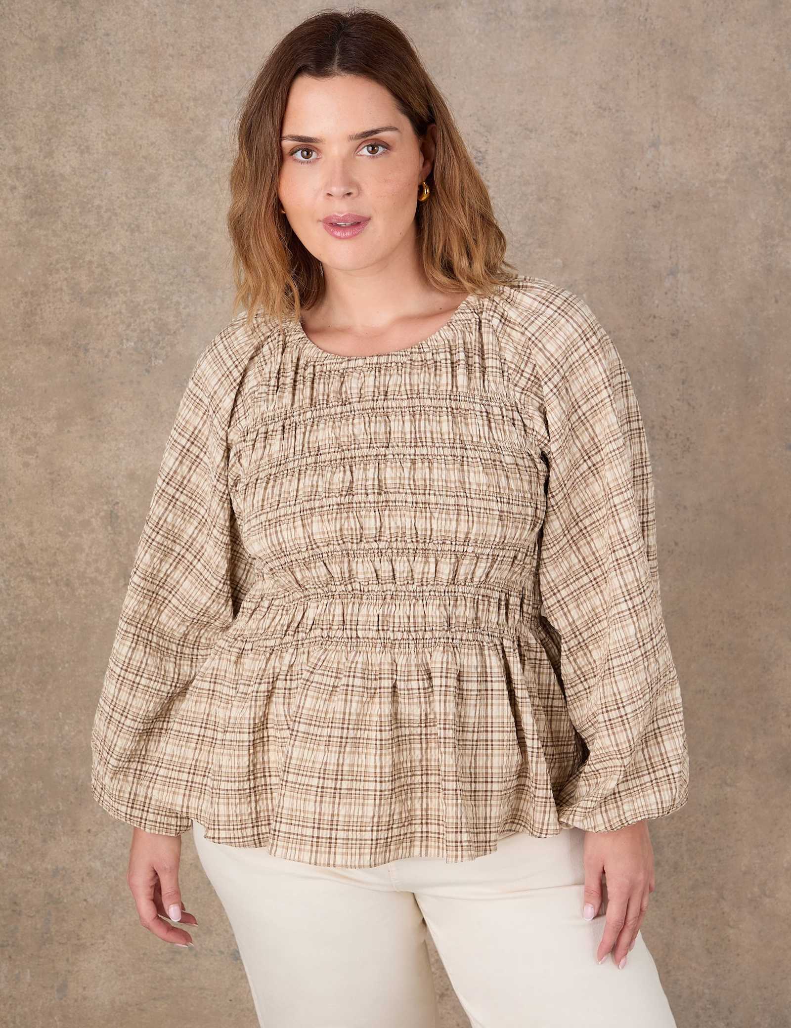 Cotton Blend Checked Shirred Blouse - image 1