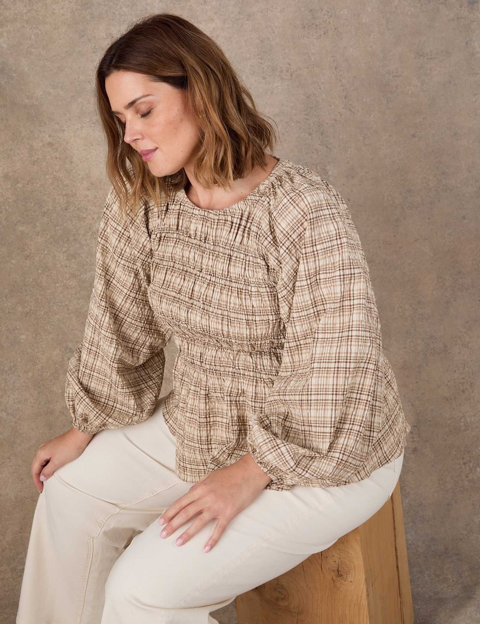 Cotton Blend Checked Shirred Blouse - image 3