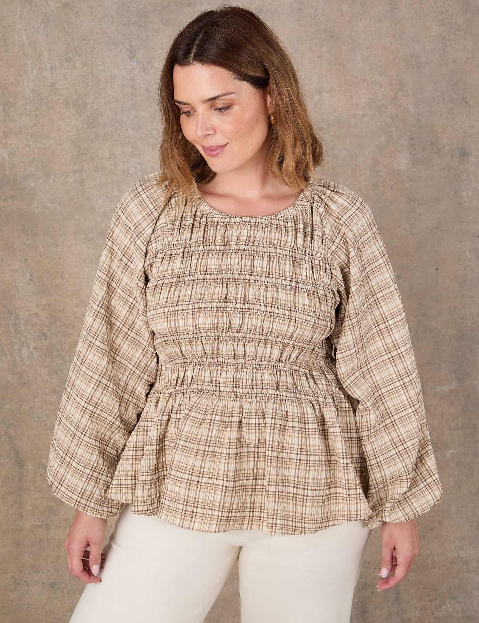 Cotton Blend Checked Shirred Blouse - image 2
