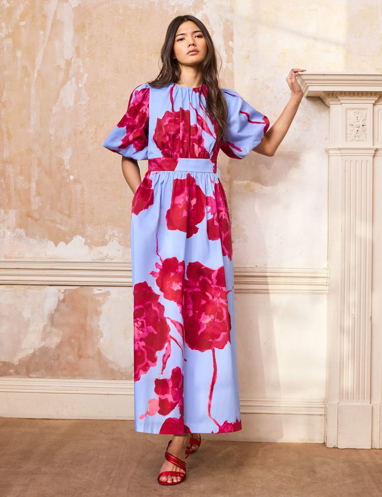 Cotton Rich Floral Midaxi Waisted Dress - image 1