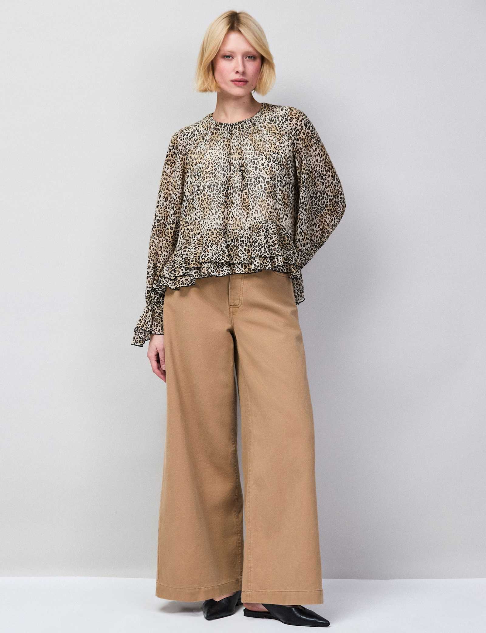 Leopard Print Round Neck Ruffle Hem Blouse - image 4