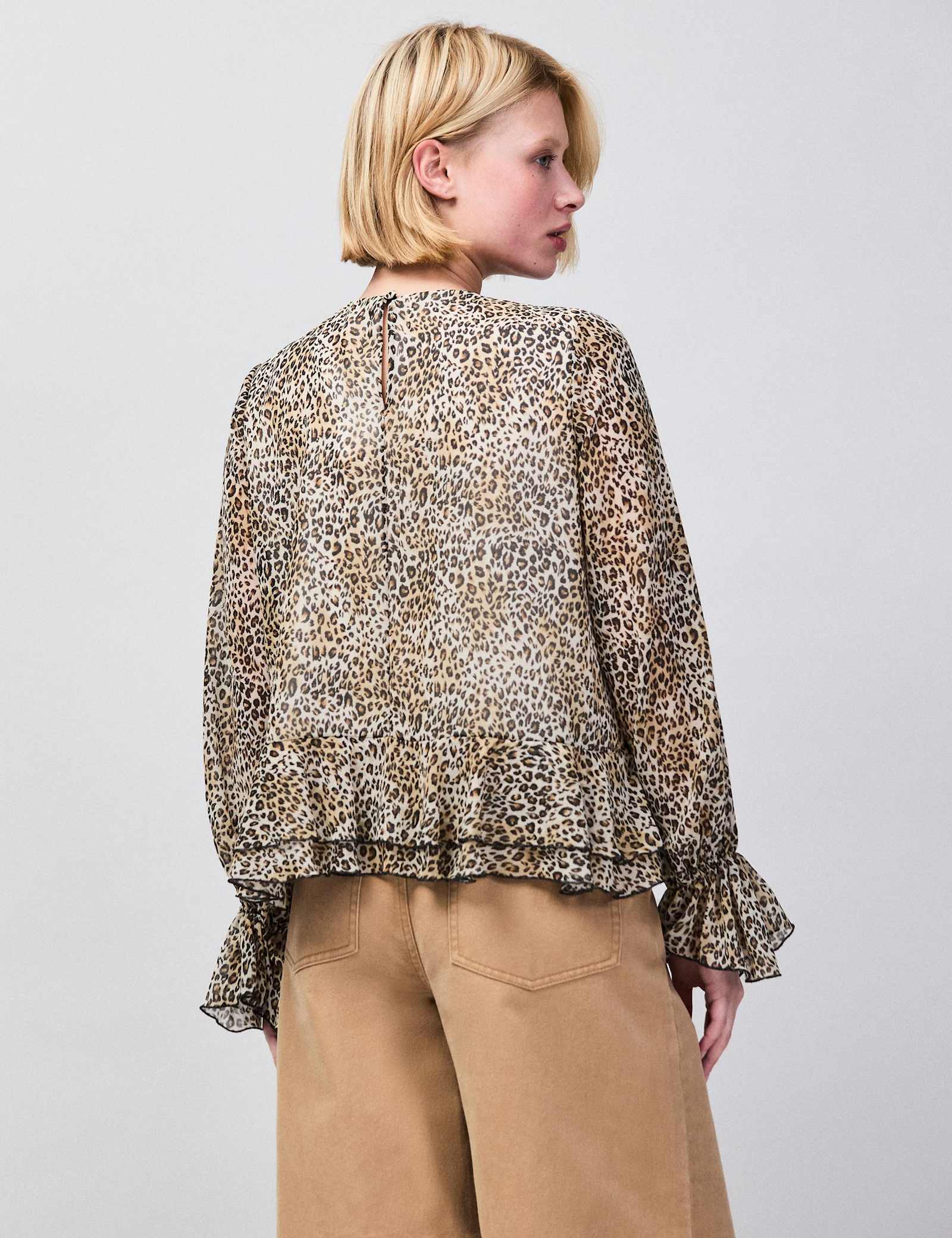 Leopard Print Round Neck Ruffle Hem Blouse - image 3