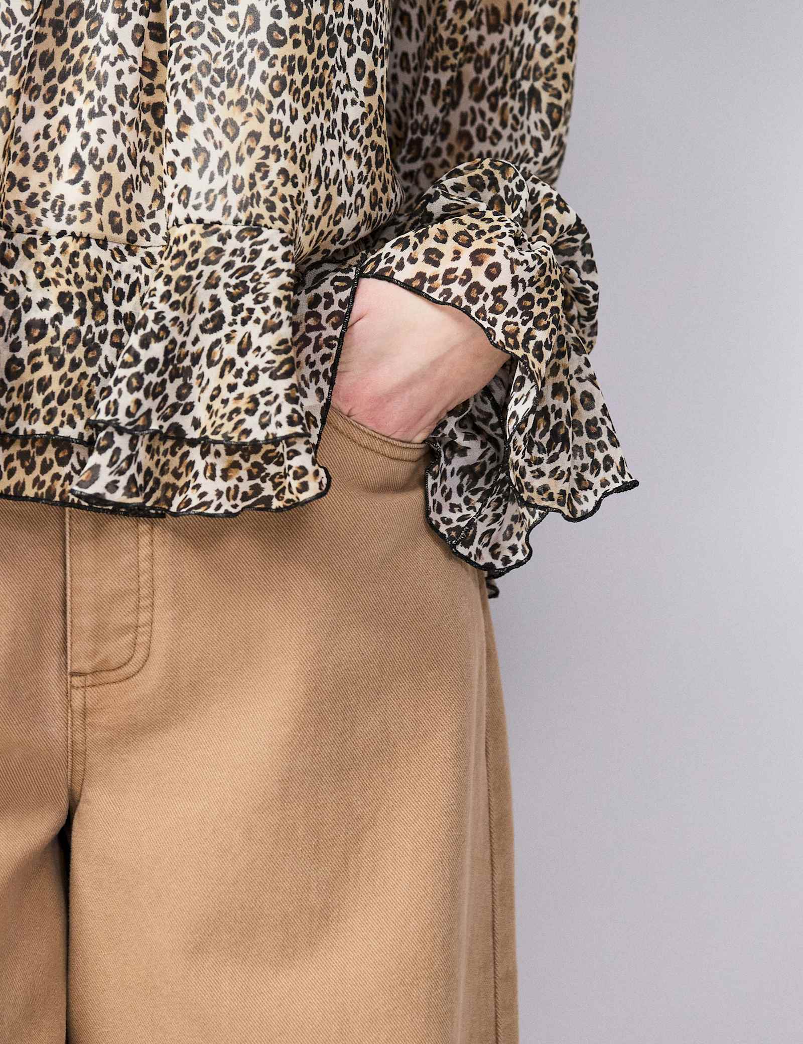 Leopard Print Round Neck Ruffle Hem Blouse - image 2