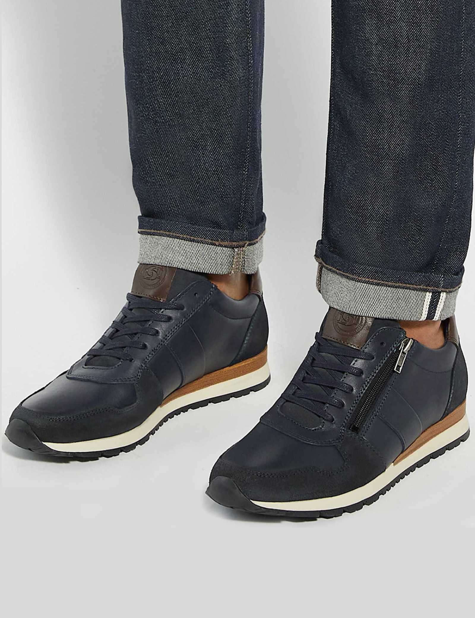 Wide Fit Leather Lace Up Side Zip Trainers - image 1