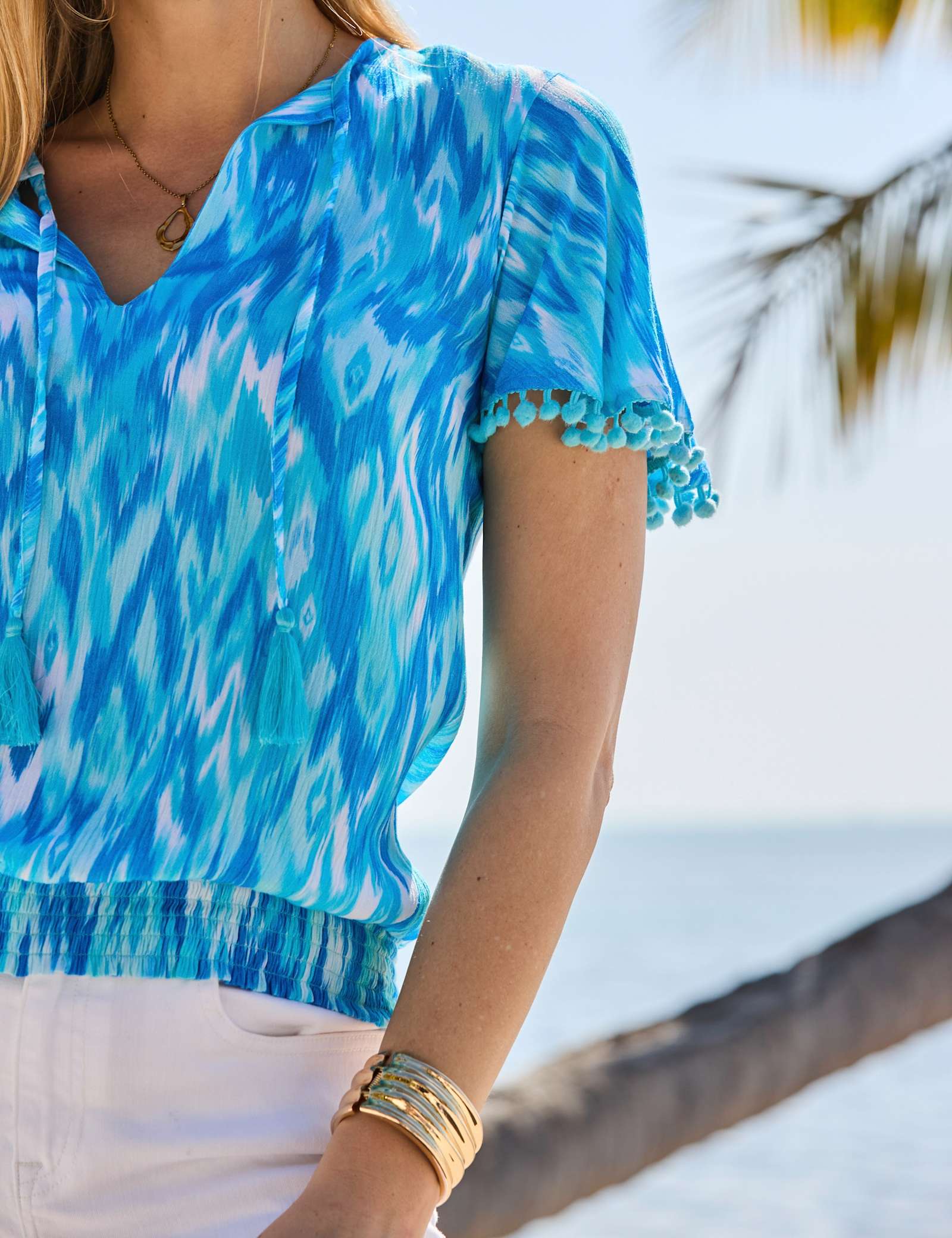 Printed Pom Pom Tie Neck Top - image 4