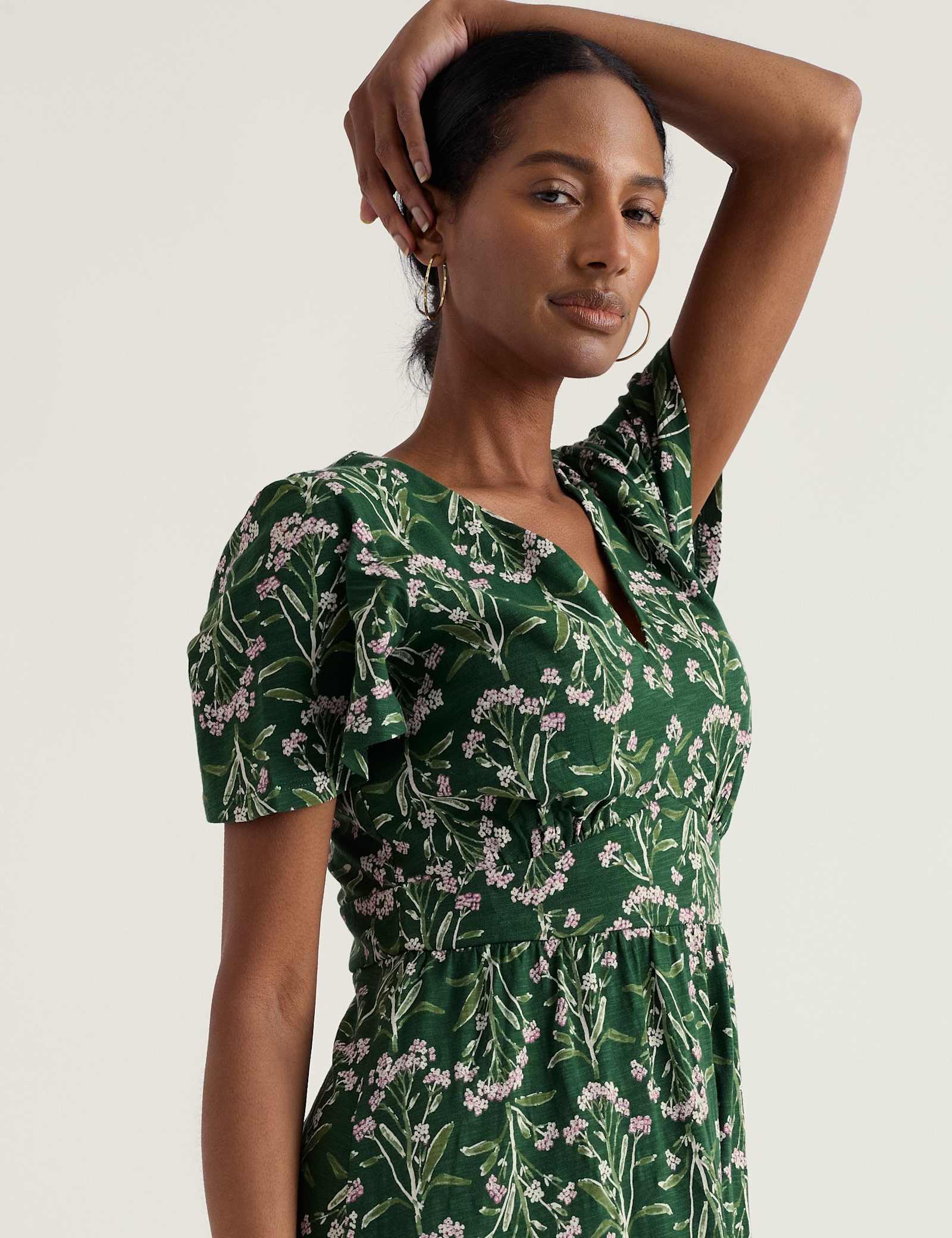 Pure Cotton Floral V-Neck Midi Waisted Dress - image 4