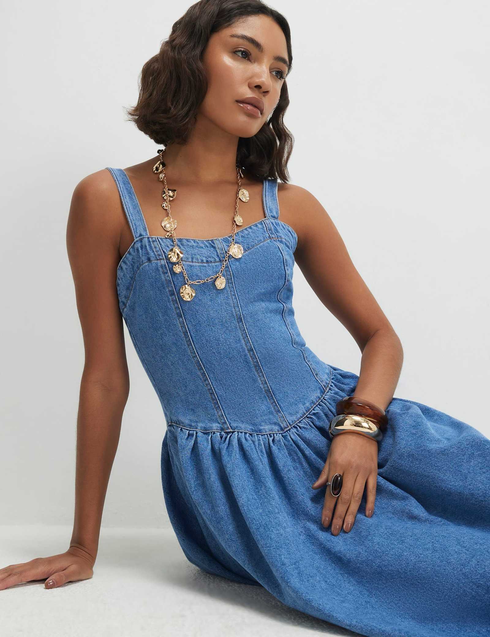Denim Seamed Midi Swing Dress - image 4