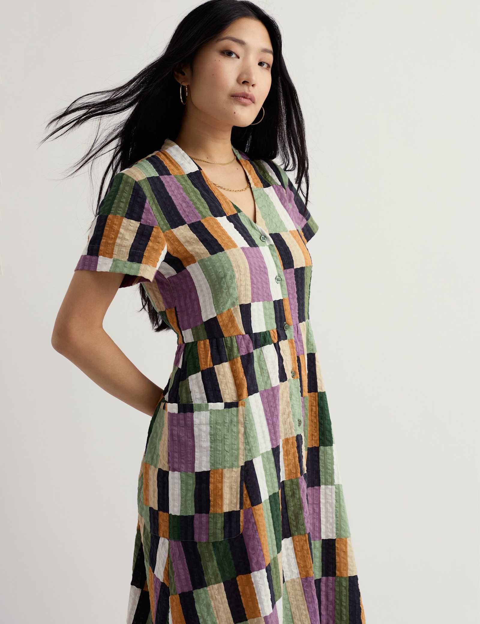 Pure Cotton Geometric V-Neck Midi Shirt Dress - image 5