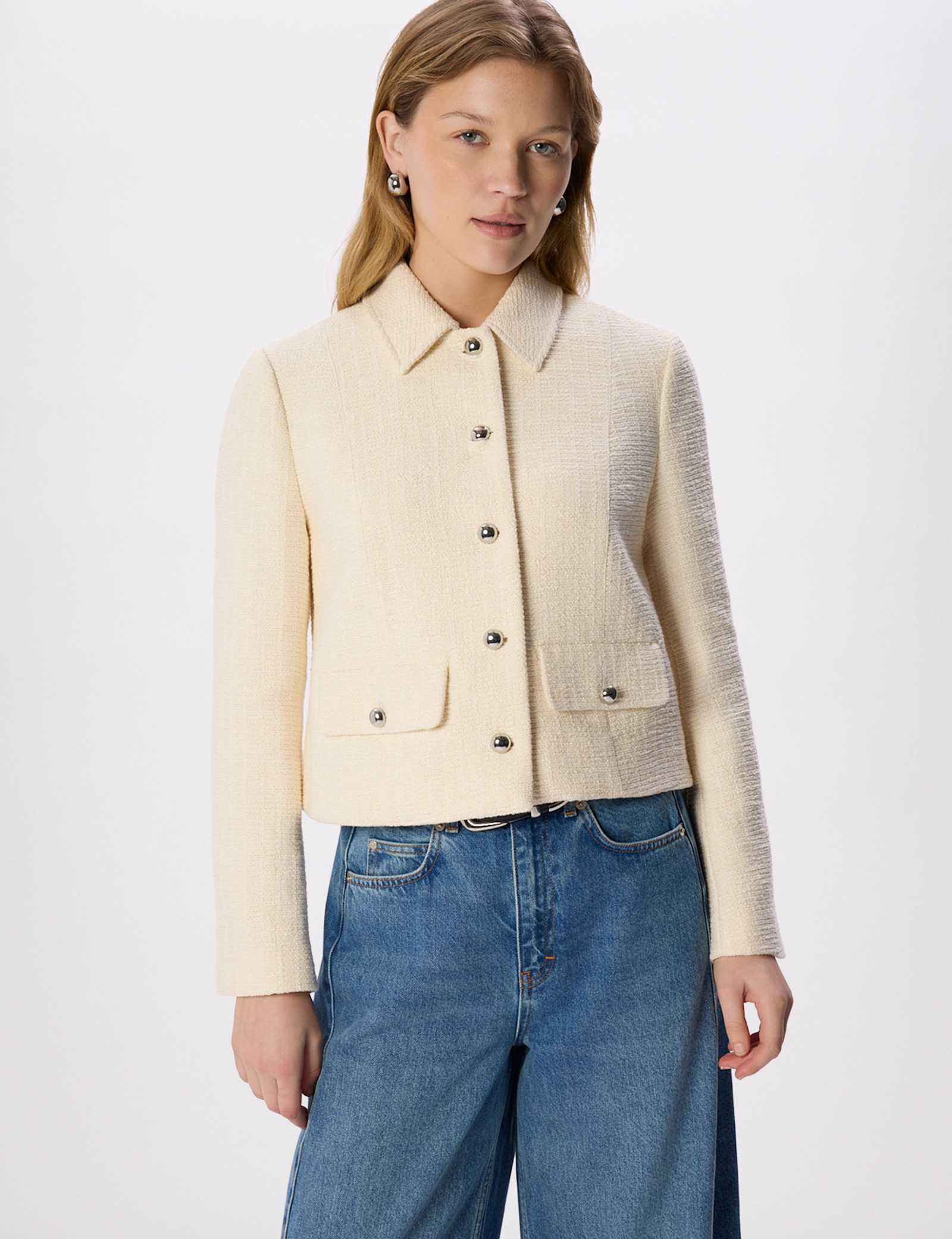 Cotton Blend Boucle Textured Cropped Jacket - image 2