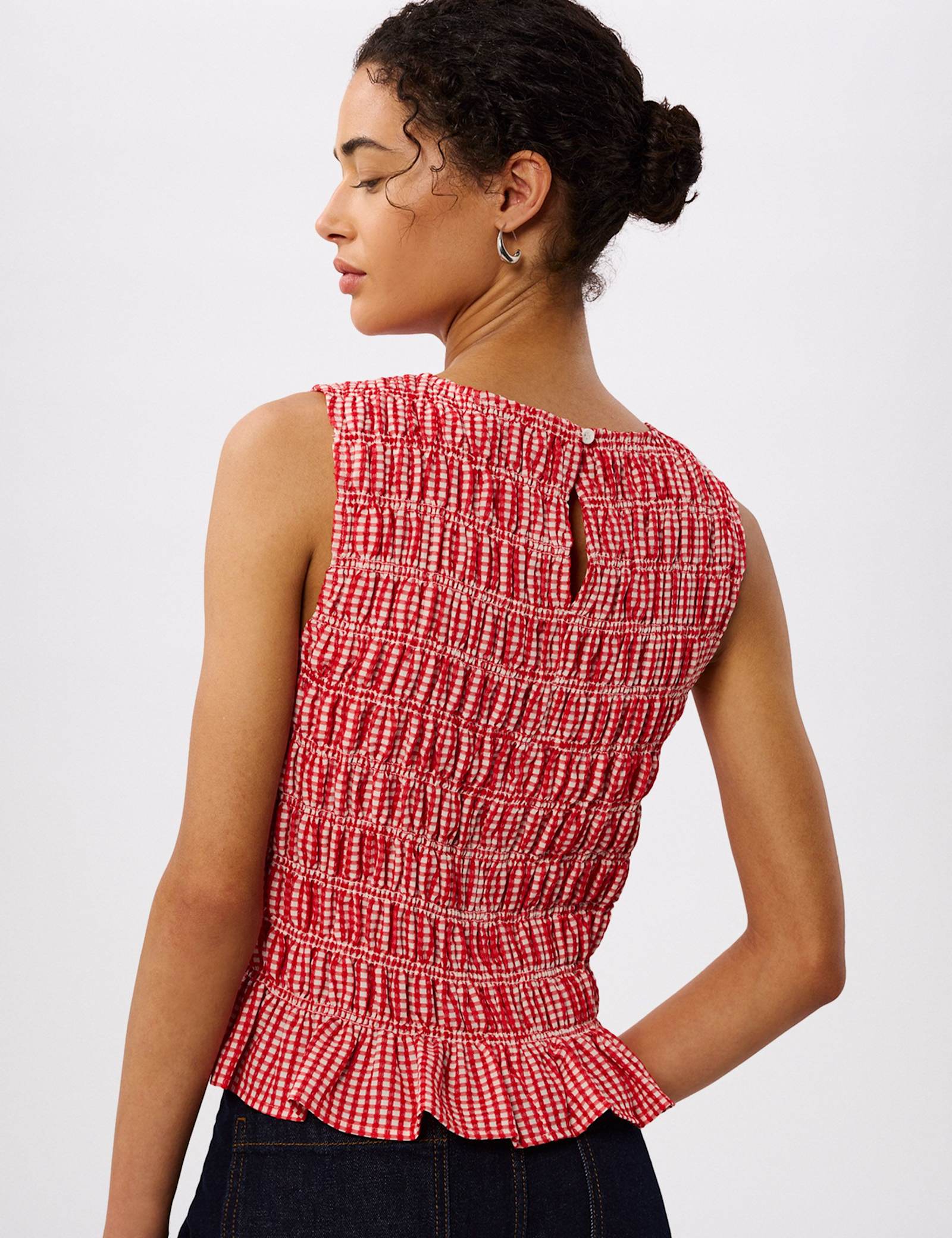 Checked Crew Neck Shirred Top - image 5