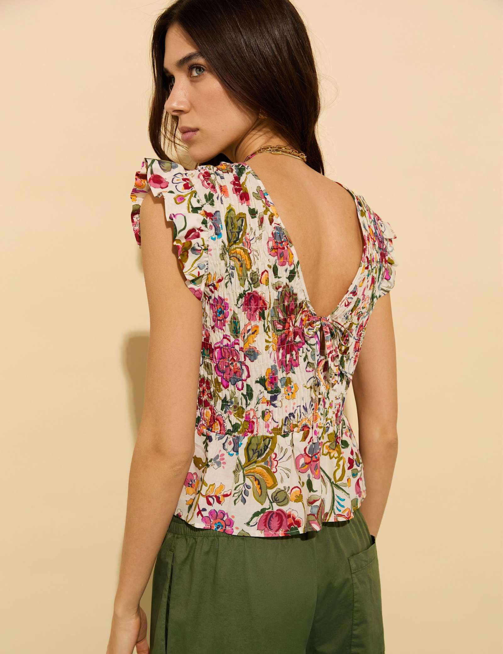 Pure Cotton Floral V-Neck Smocked Blouse - image 3