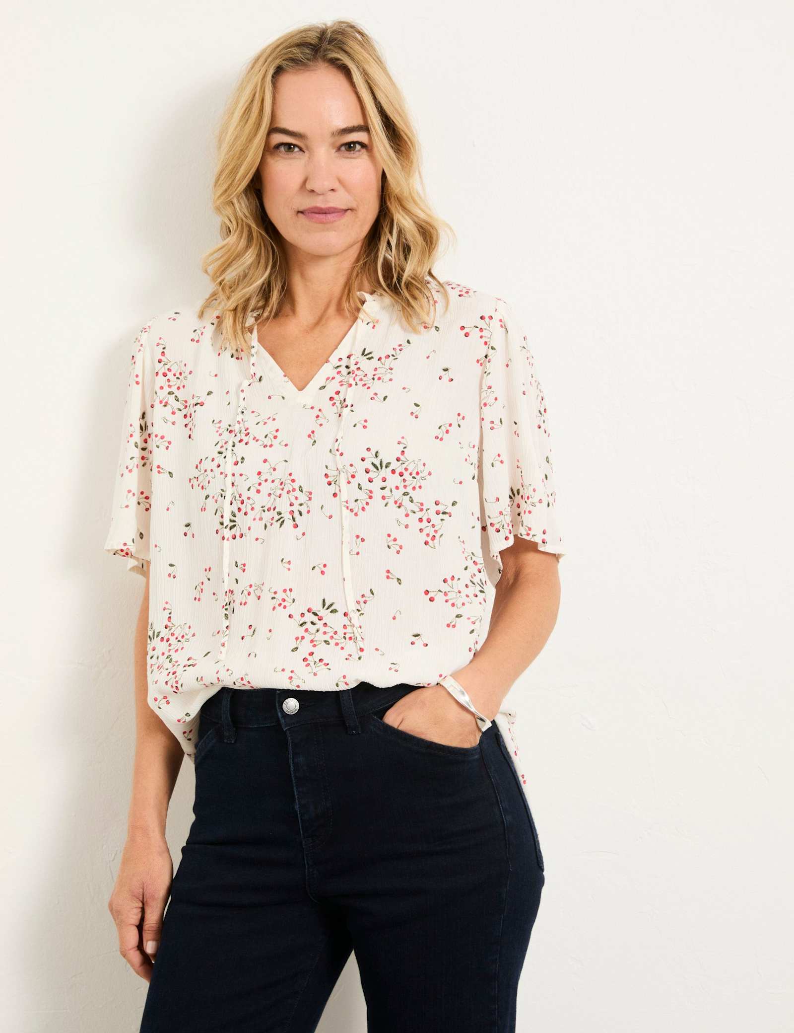 Cherry Print Ruffle Collar Tie Neck Tunic - image 2