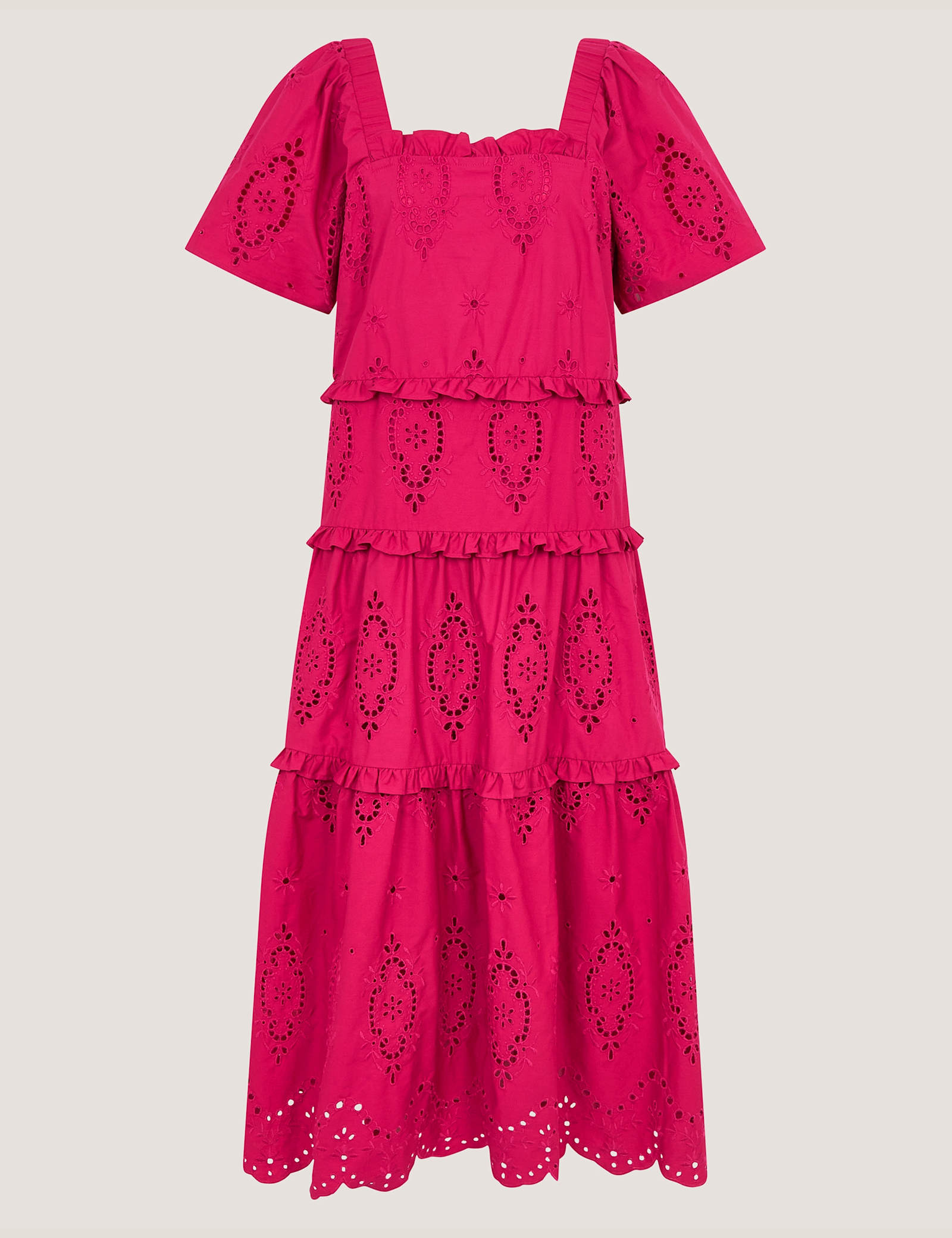 Pure Cotton Square Neck Cutwork Detail Midi Tiered Dress - image 1