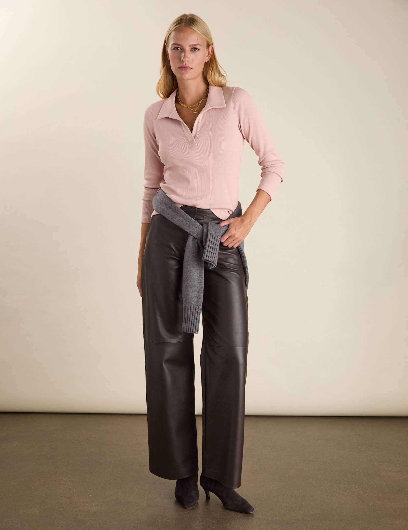 Pure Cotton Ribbed Open Collar Top - image 4