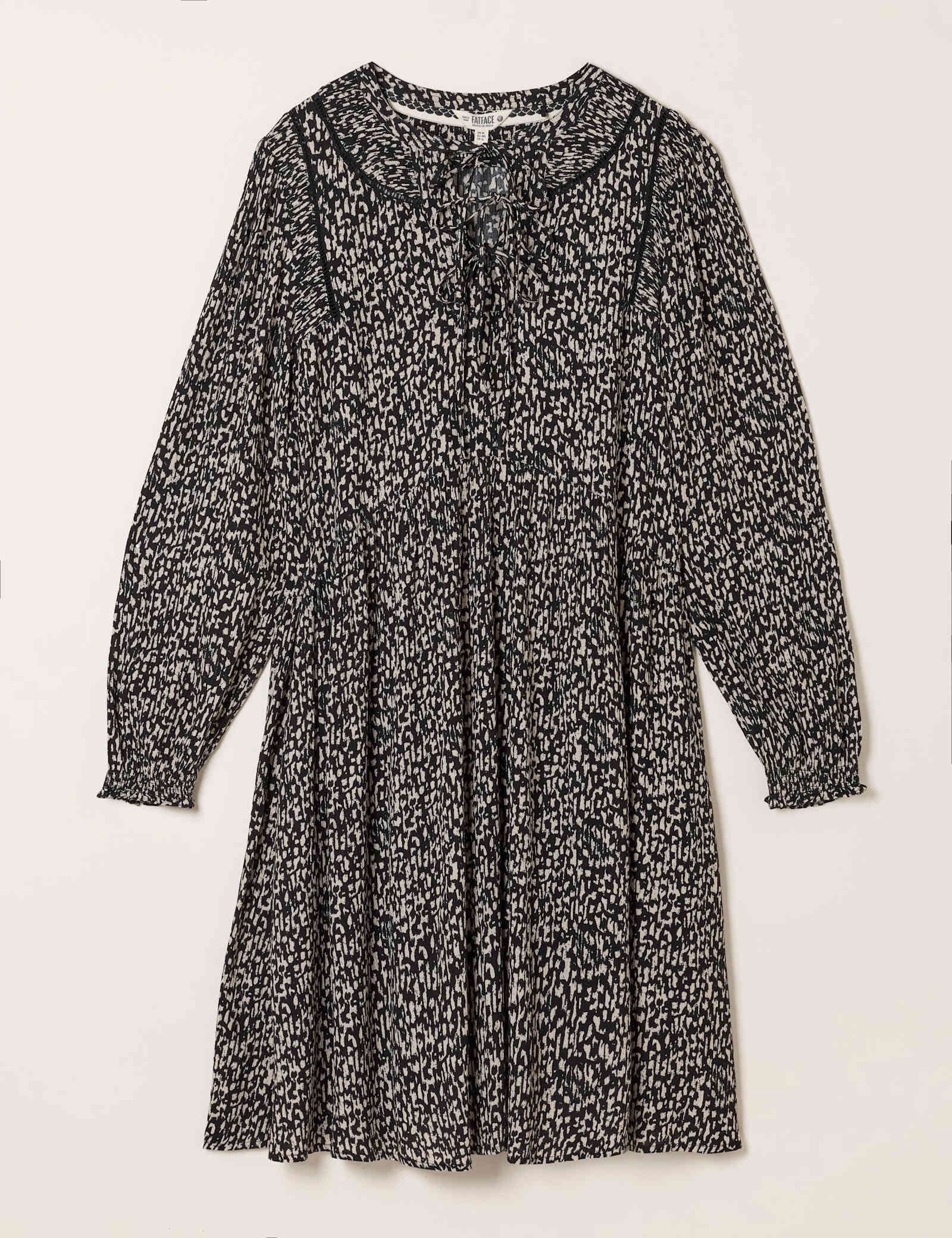 Print Tie Neck Mini Smock Dress - image 1