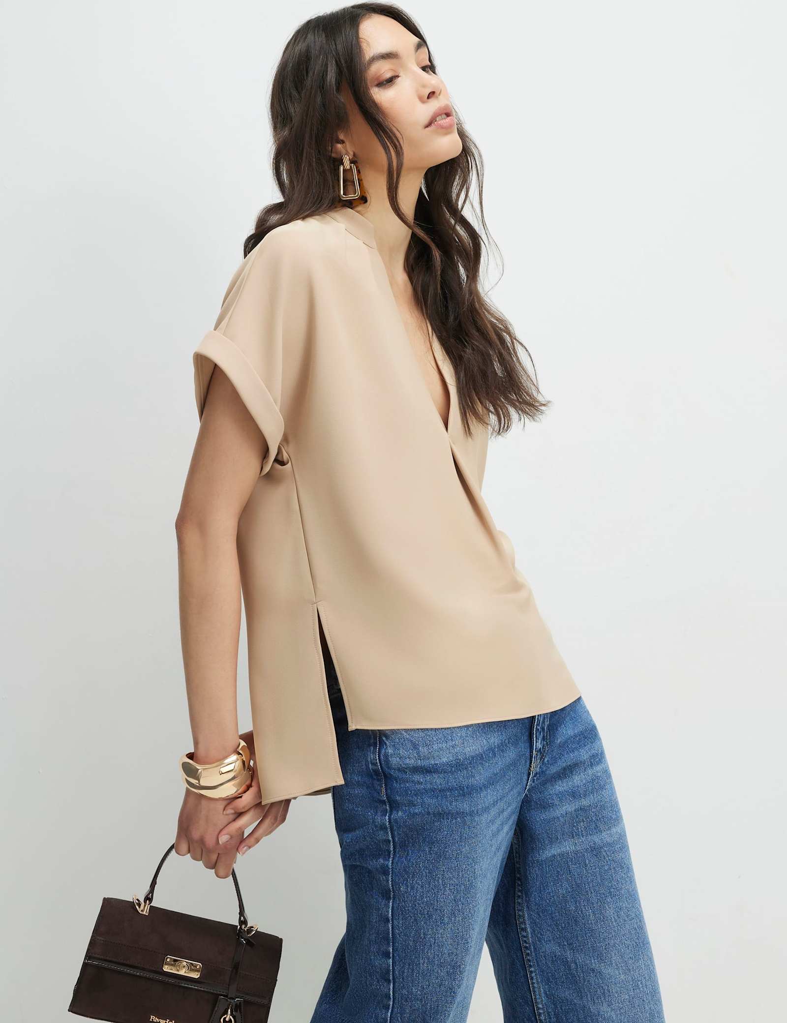 Woven Notch Neck Stepped Hem T-Shirt - image 4