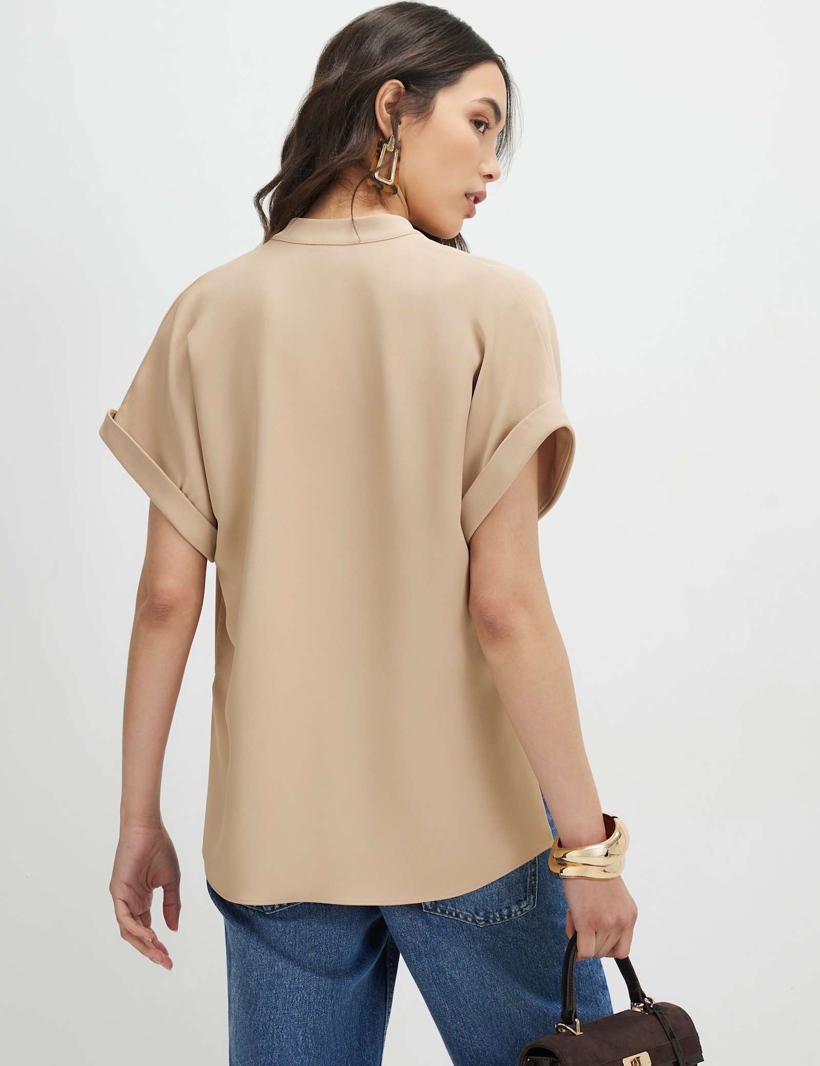 Woven Notch Neck Stepped Hem T-Shirt - image 2