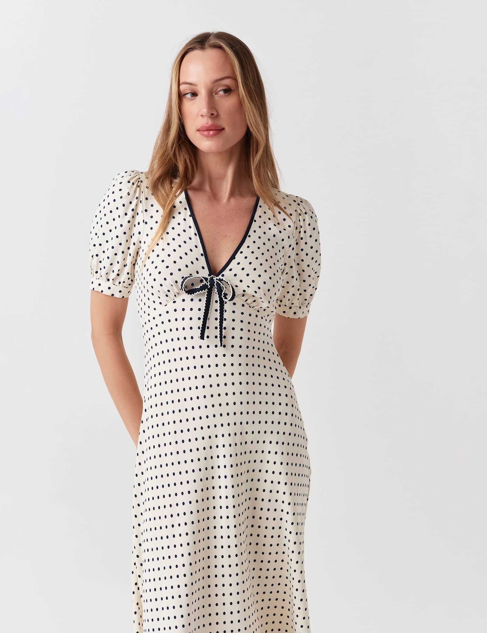 Crepe Spot Print V-Neck Midi Dress - image 5